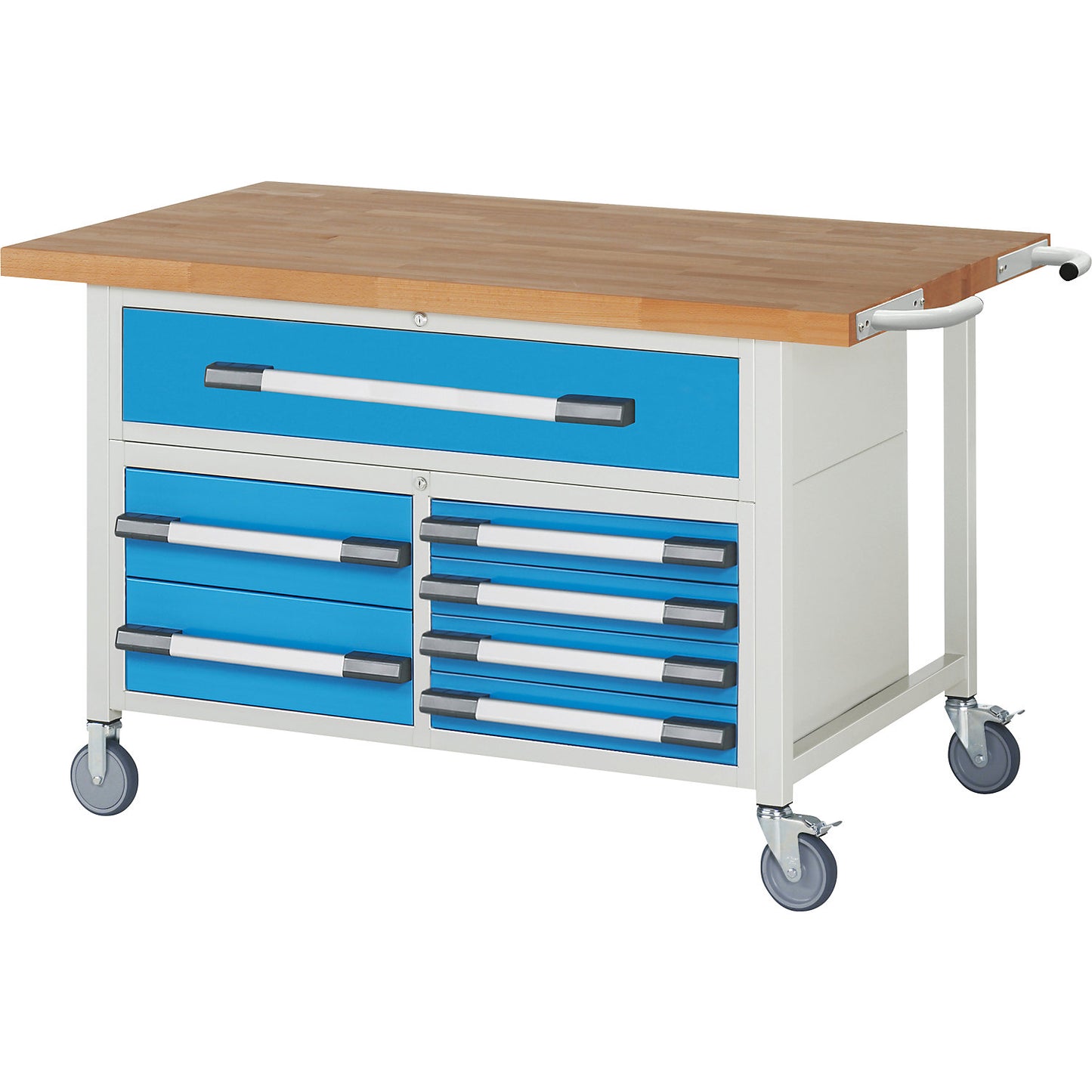 Series 8000 mobile workbench, frame system, 7 drawers, worktop WxD 1500 x 900 mm.