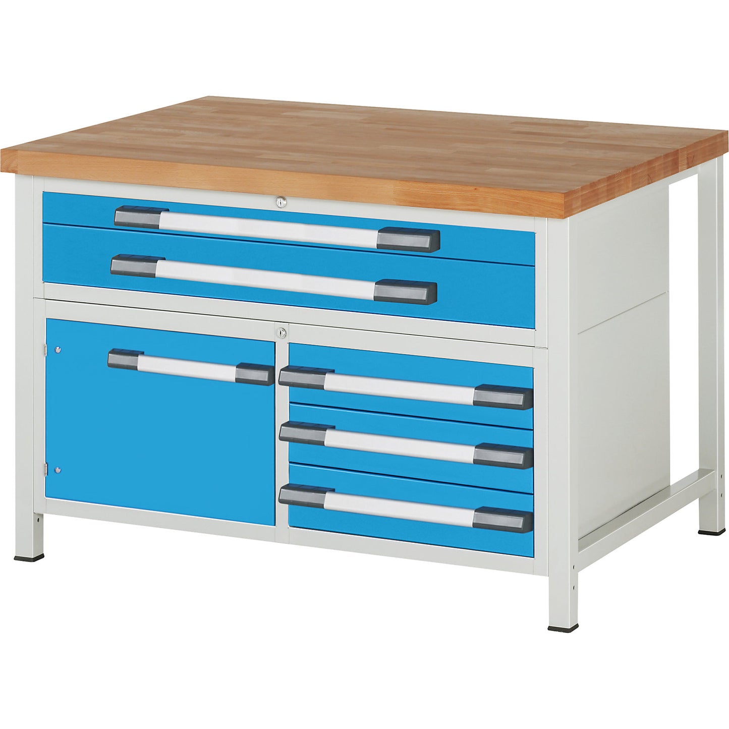 Workbench, Series 8000 frame construction, 5 drawers, 1 door, WxD 1250 x 900 mm.
