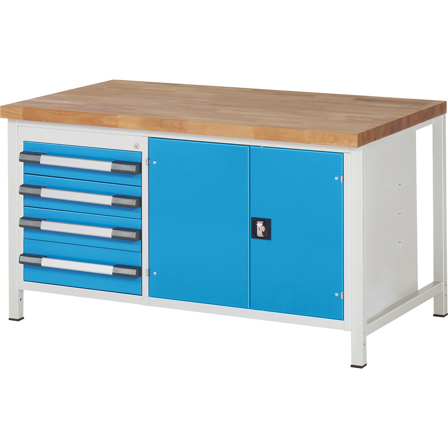 Workbench, Series 8000 frame construction, 4 drawers, 1 door compartment, WxD 1500 x 900 mm.