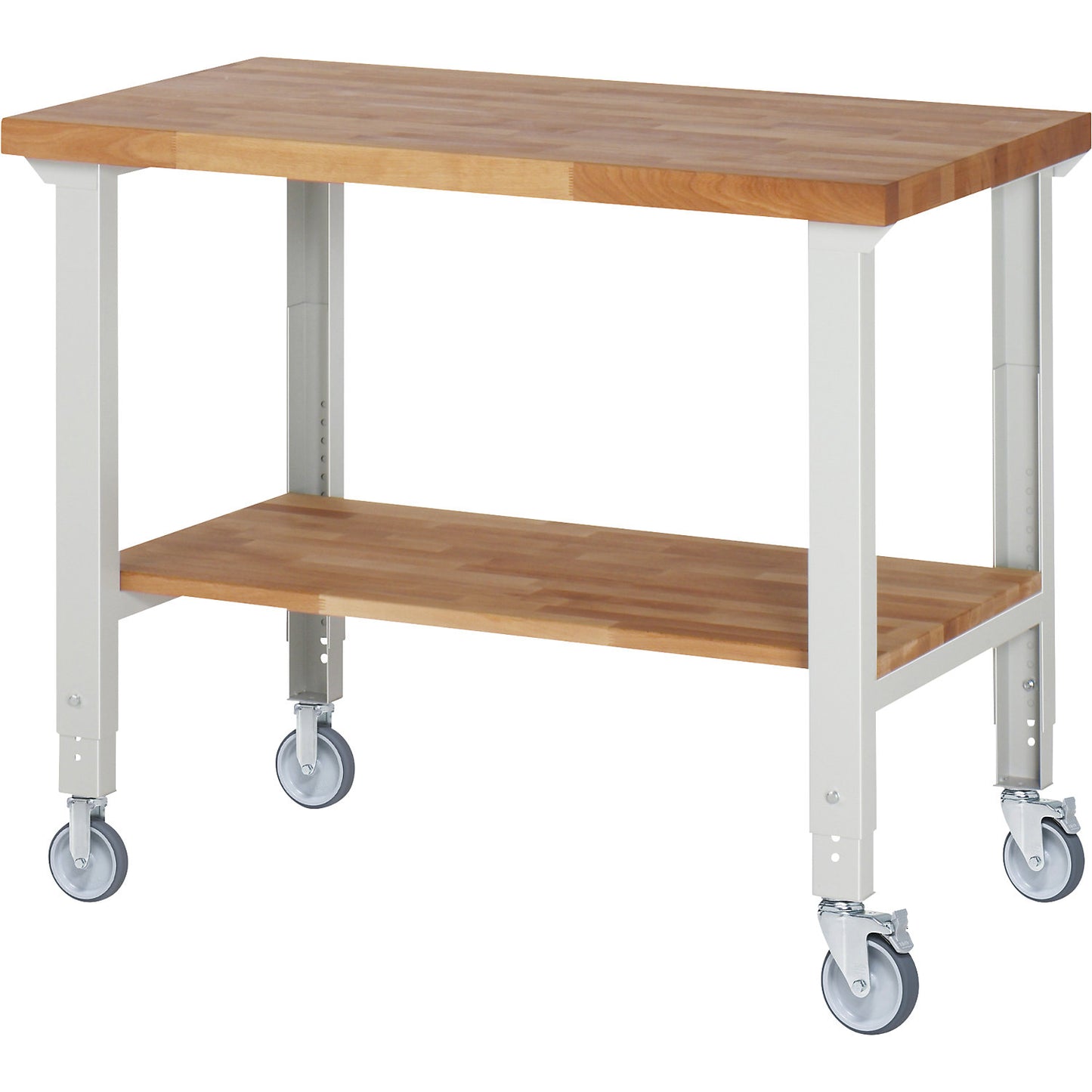Mobile workbench series 7000, 2 fixed/2 swivel castors, shelf, worktop WxD 1250 x 700 mm.