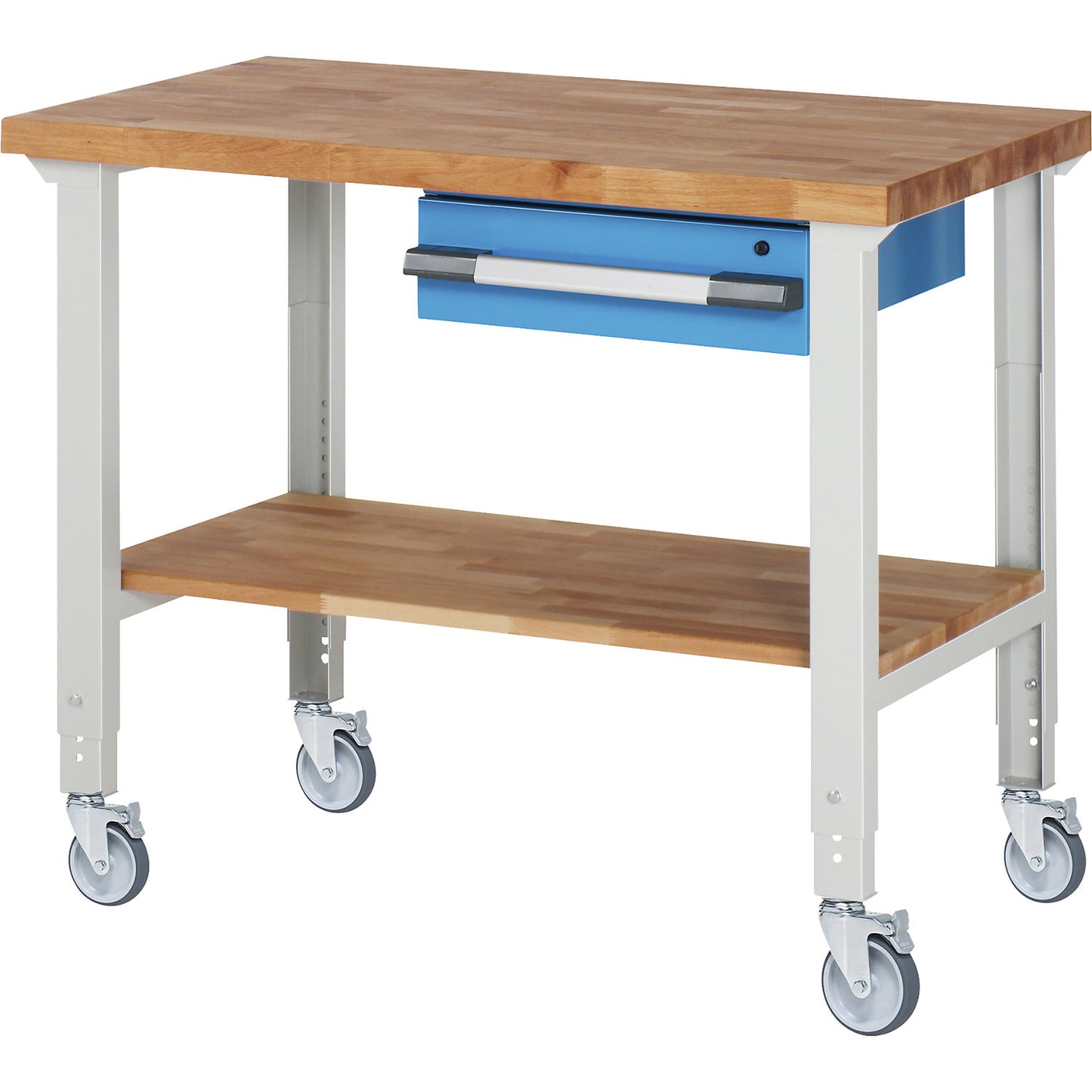 Mobile workbench series 7000, 4 swivel castors, 1 drawer, shelf, worktop WxD 1250 x 700 mm.