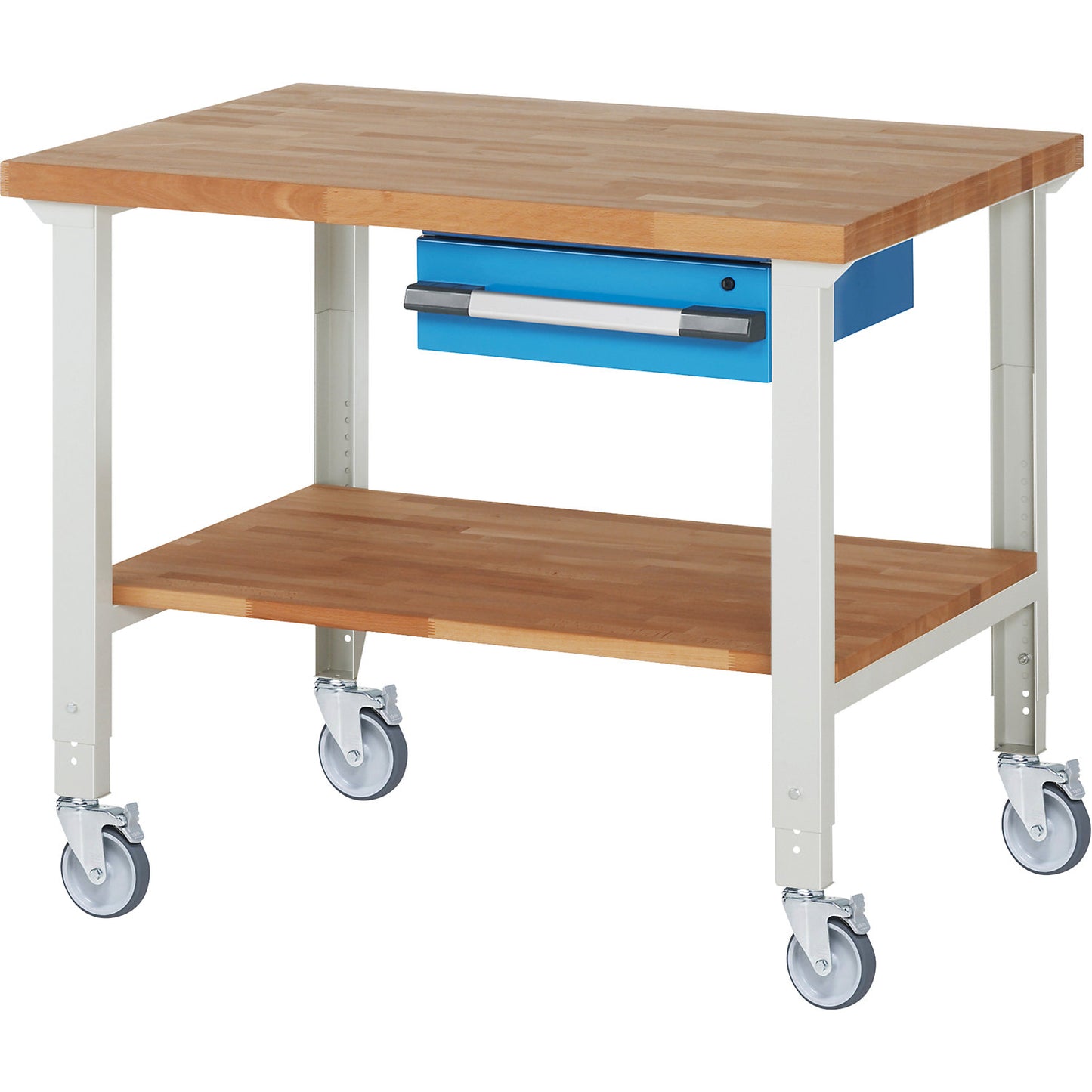 Mobile workbench series 7000, 4 swivel castors, 1 drawer, shelf, worktop WxD 1250 x 900 mm.