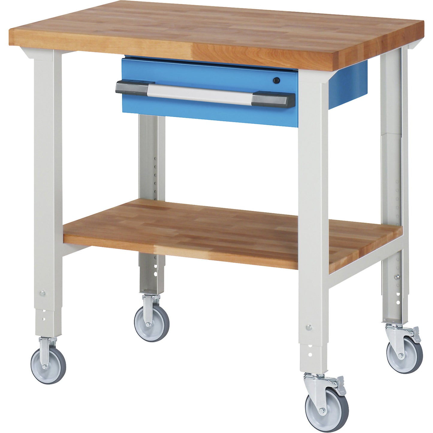 Mobile workbench series 7000, 2 fixed/2 swivel castors, 1 drawer, shelf, worktop WxD 1000 x 700 mm.
