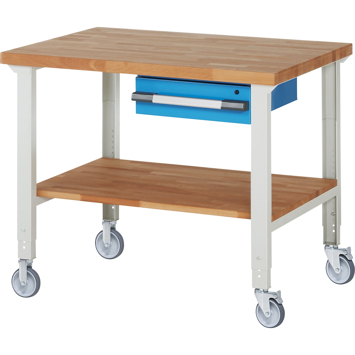 Mobile workbench series 7000, 2 fixed/2 swivel castors, 1 drawer, shelf, worktop WxD 1250 x 900 mm.