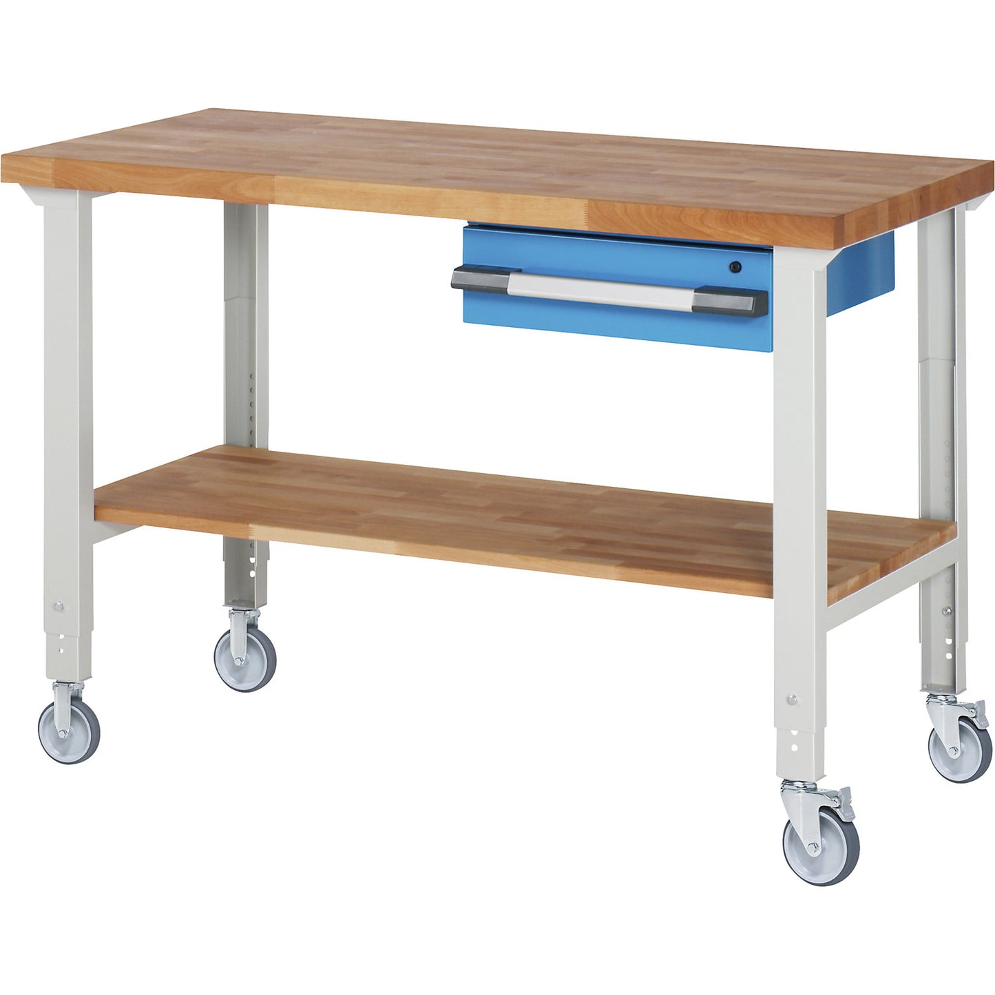 Mobile workbench series 7000, 2 fixed/2 swivel castors, 1 drawer, shelf, worktop WxD 1500 x 700 mm.
