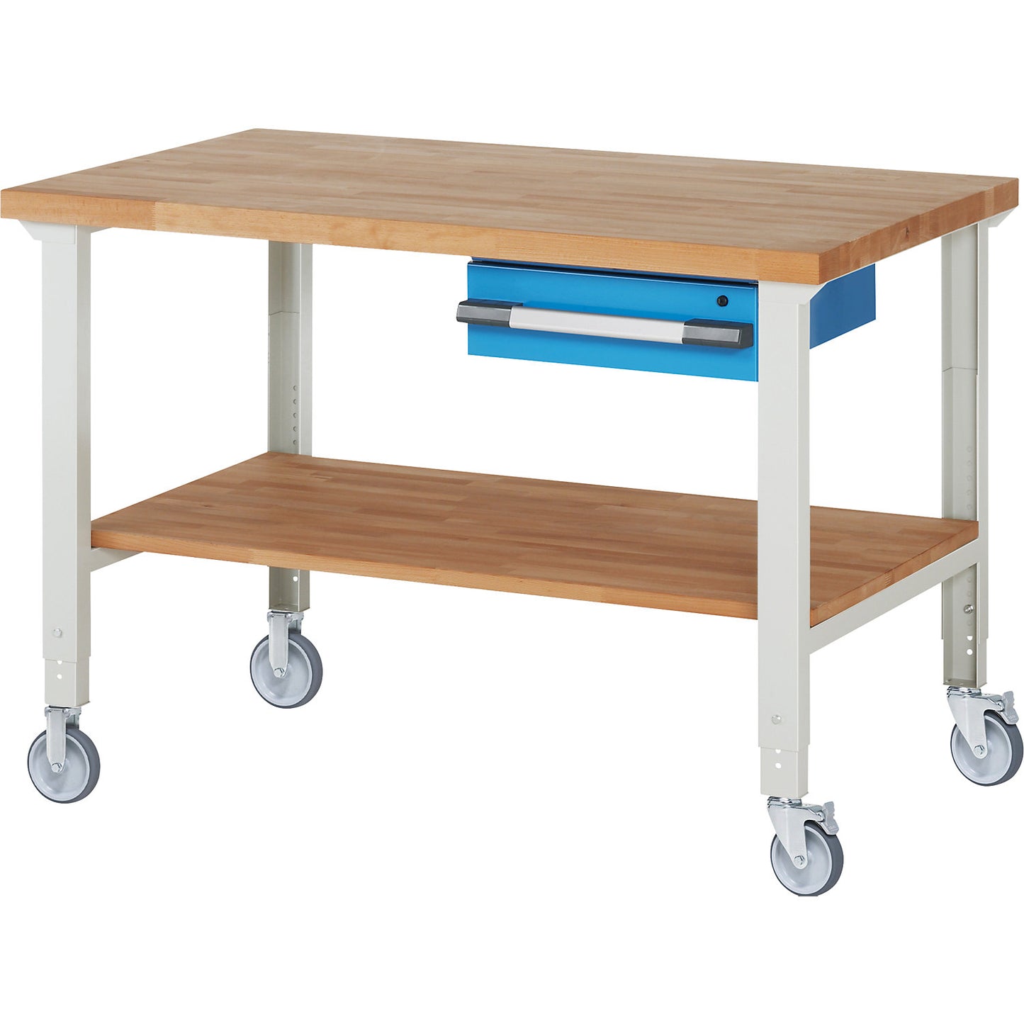 Mobile workbench series 7000, 2 fixed/2 swivel castors, 1 drawer, shelf, worktop WxD 1500 x 900 mm.