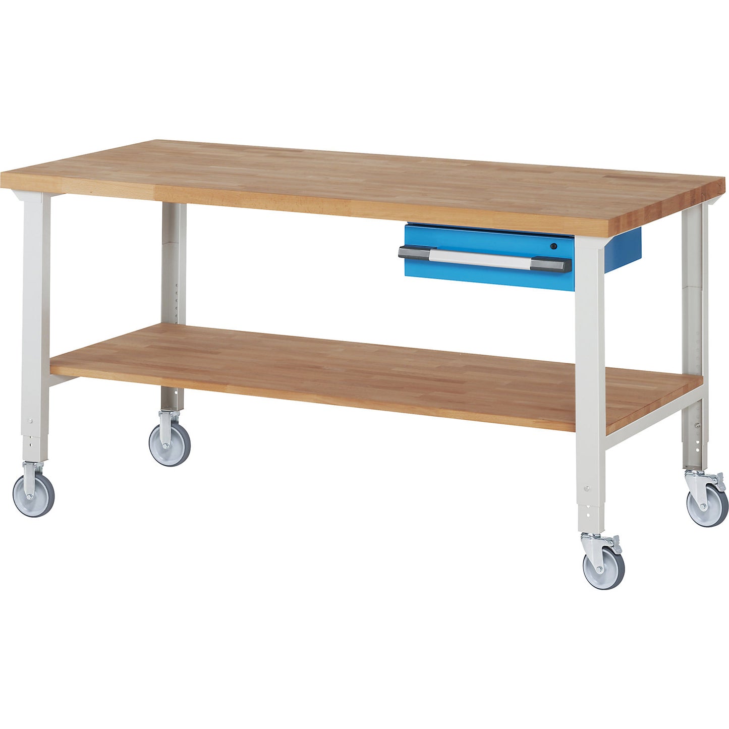 Mobile workbench series 7000, 2 fixed/2 swivel castors, 1 drawer, shelf, worktop WxD 2000 x 900 mm.