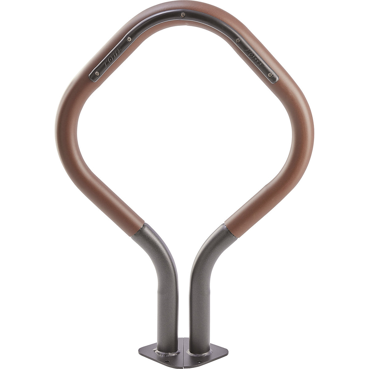 Bicycle rack, 2 parking spots, rust brown paint, black.