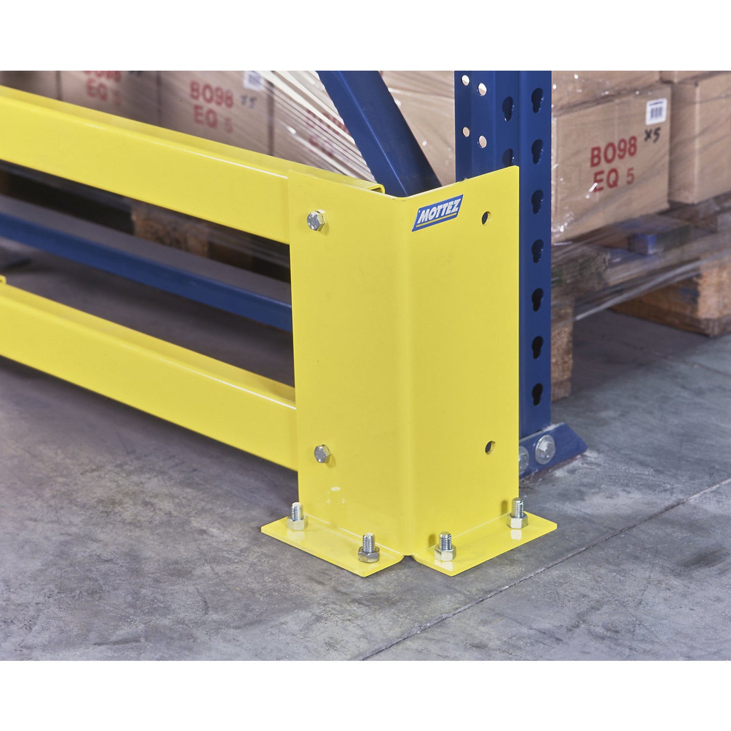 Collision guard, steel, height 350 mm, yellow, L profile, LxW 140 x 140 mm.
