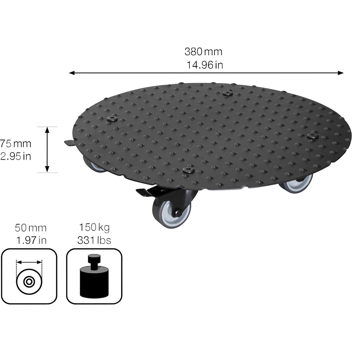 ALASKA aluminium plant dolly, max. load 150 kg, round, Ø 380 mm, black.