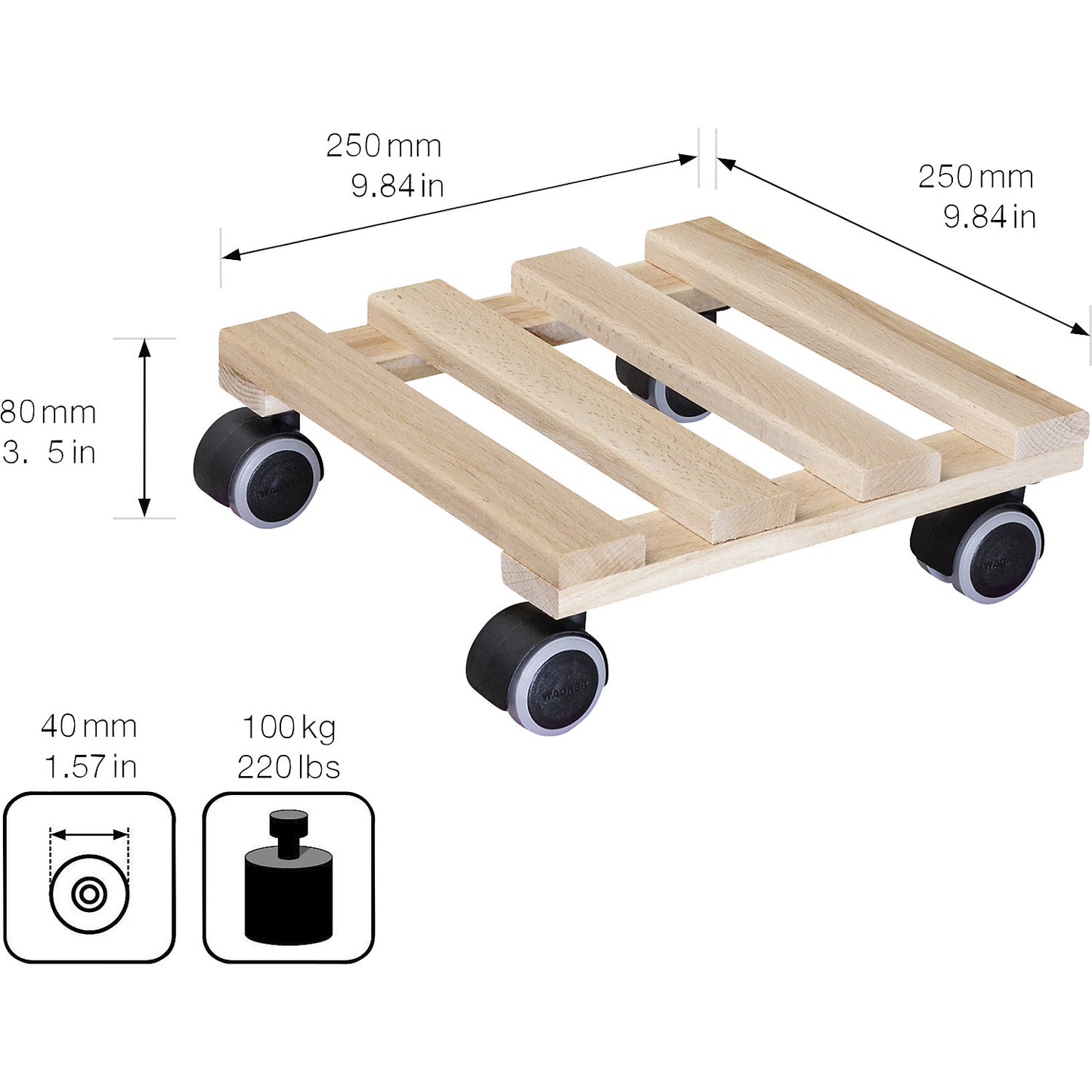 PALETTI beech plant dolly, max. load 100 kg, natural, LxW 250 x 250 mm, pack of 2.
