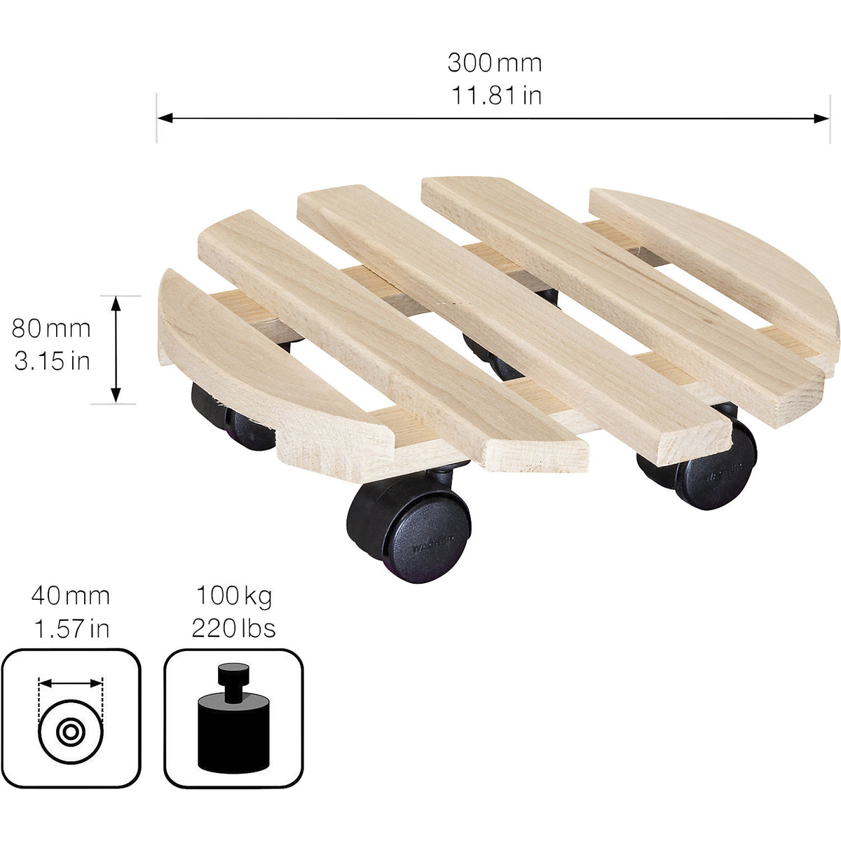PALETTI 0318 beech plant dolly, max. load 100 kg, natural, Ø 300 mm, pack of 4.
