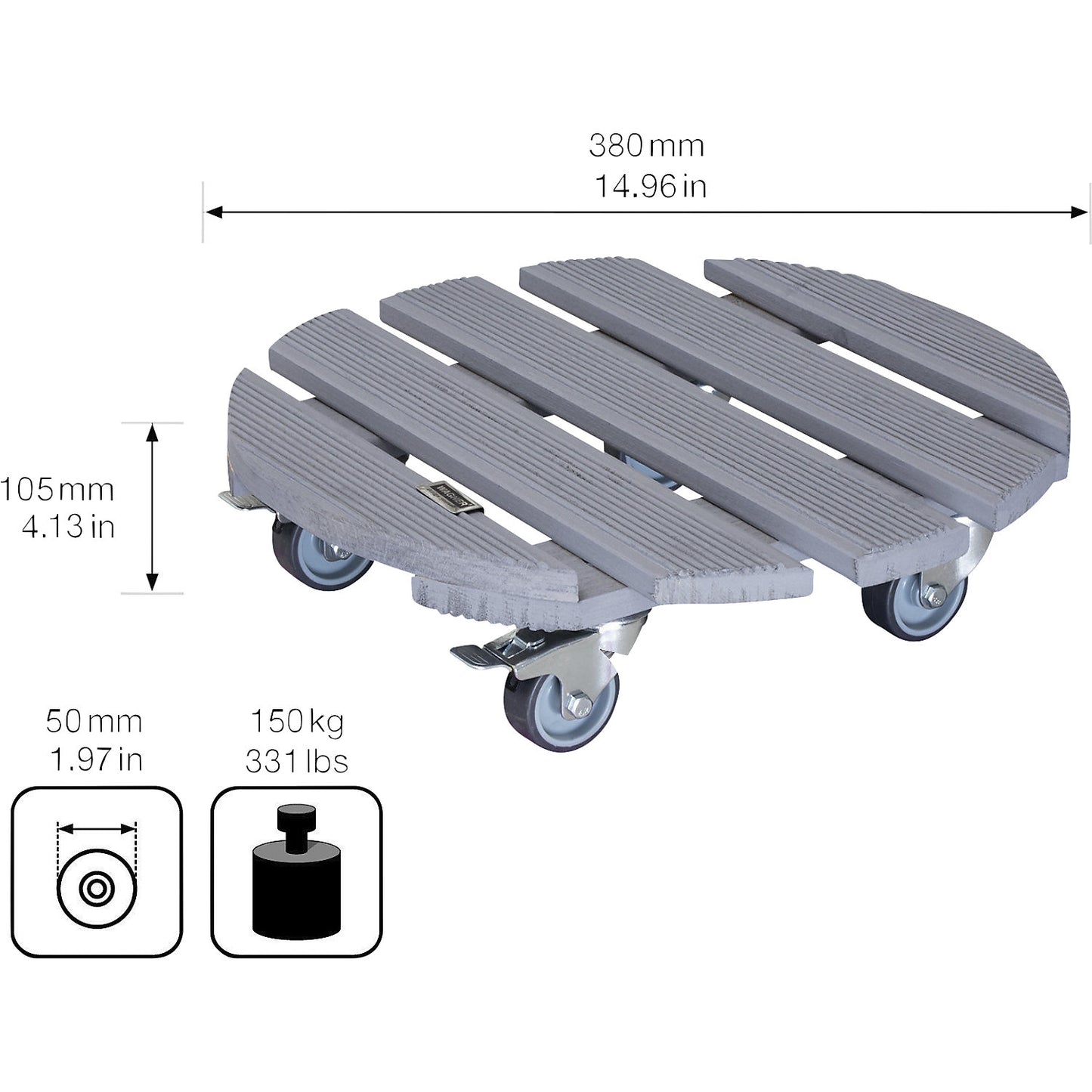 CREO plant dolly, max. load 200 kg, solid wood, Ø 380 mm, wheel Ø 50 mm.
