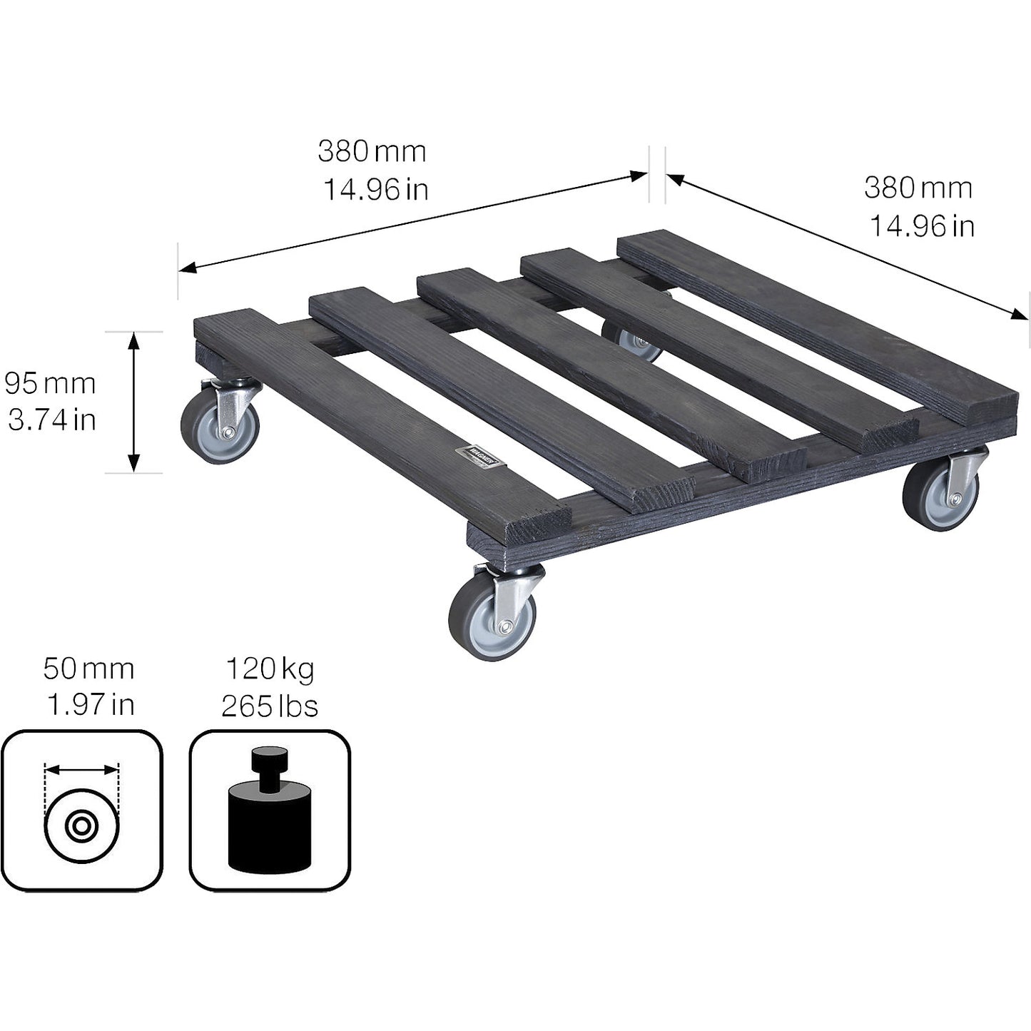 PALETTI wooden plant dolly, max. load 120 kg, pack of 2, LxW 380 x 380 mm, charcoal.