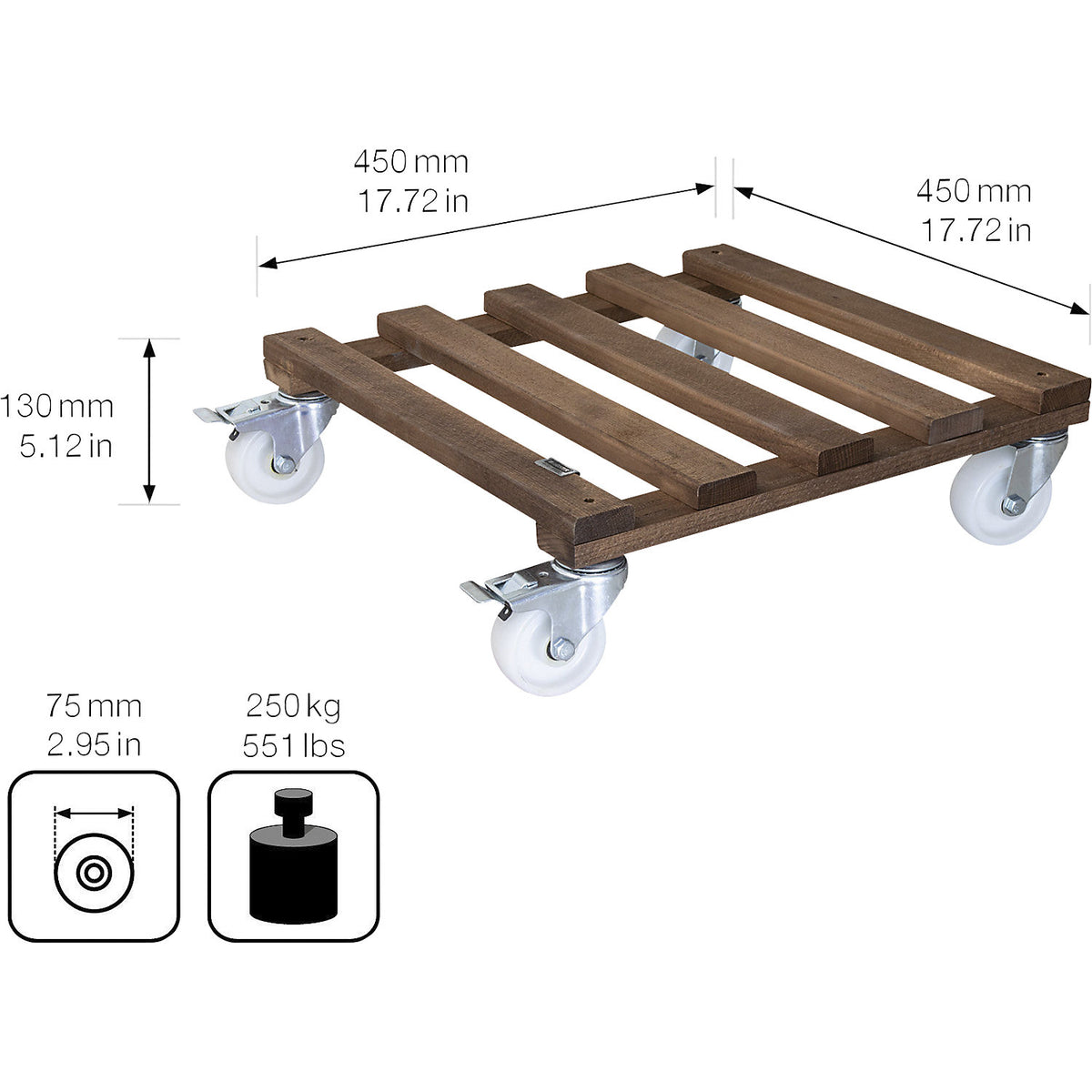 PALETTI wooden plant dolly, max. load 250 kg, LxW 450 x 450 mm, walnut.