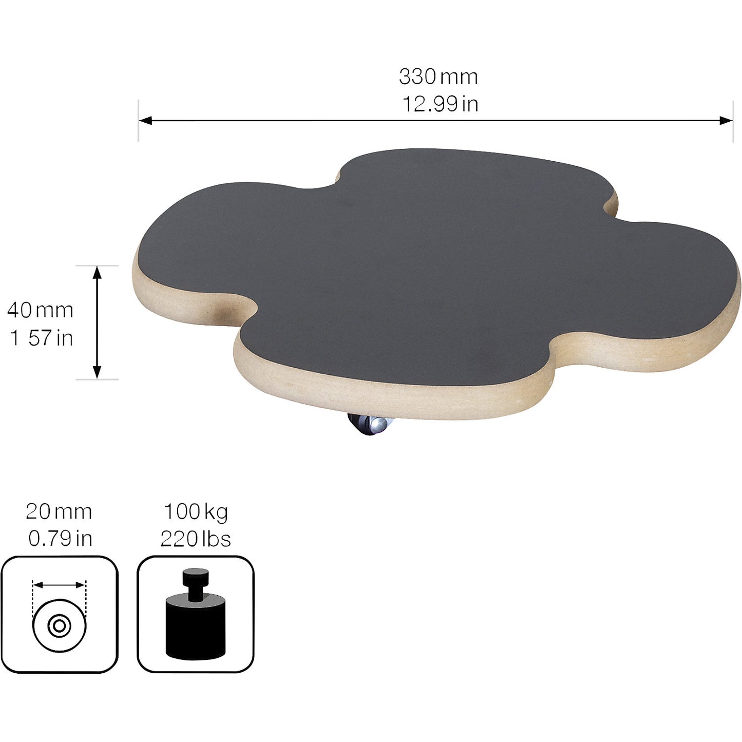 MDF plant dolly, max. load 100 kg, LxW 330 x 330 mm, black, pack of 2.