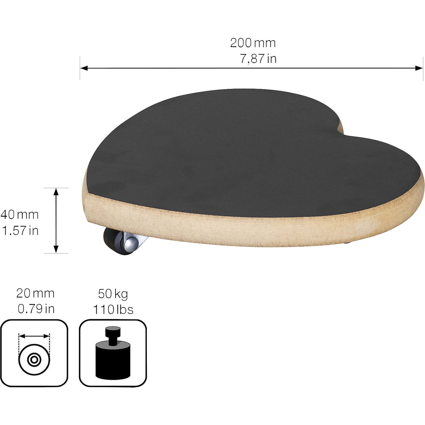 MDF plant dolly, max. load 100 kg, LxW 200 x 200 mm, black, pack of 2.