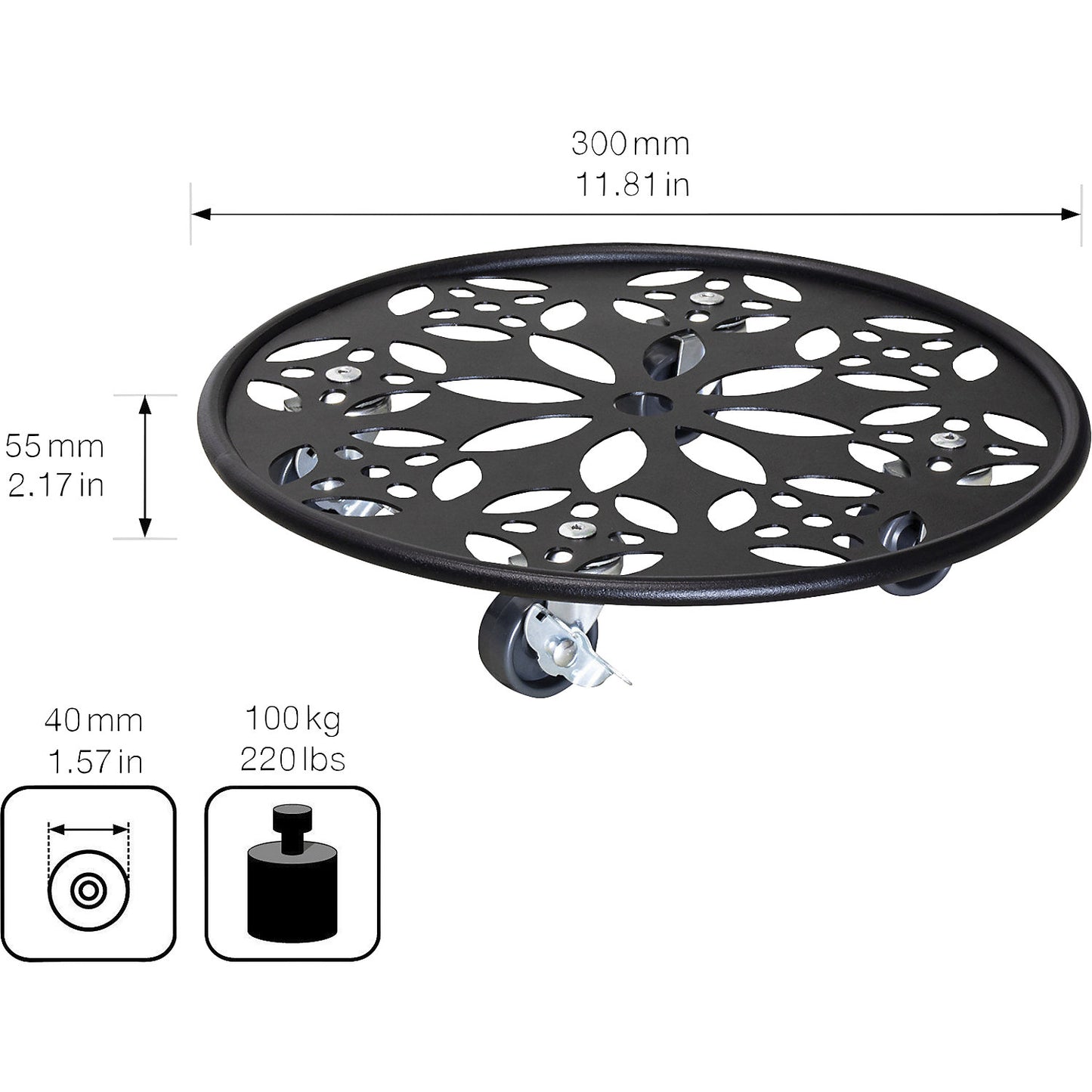 BLACK steel plant dolly, max. load 60 kg, round, Ø 300 mm, black.