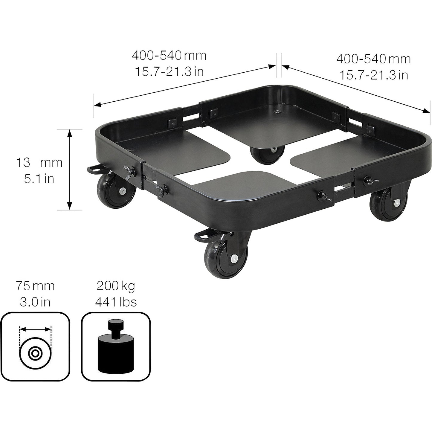 SUN CITY plant dolly, max. load 200 kg, steel, platform LxW 250 - 300 mm, platform height 105 mm.