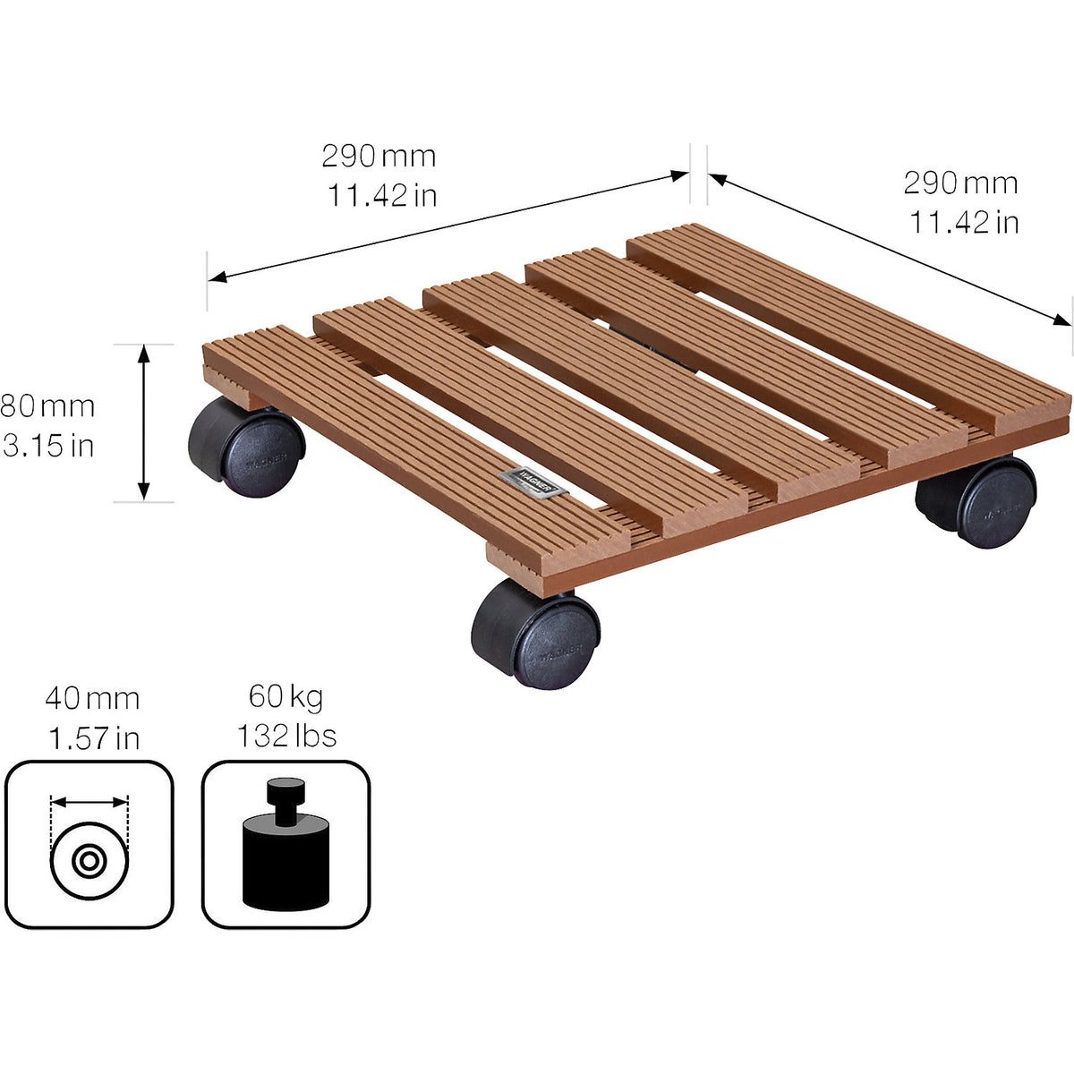WPC plant dolly, max. load 60 kg, LxW 290 x 290 mm, ochre, pack of 2.