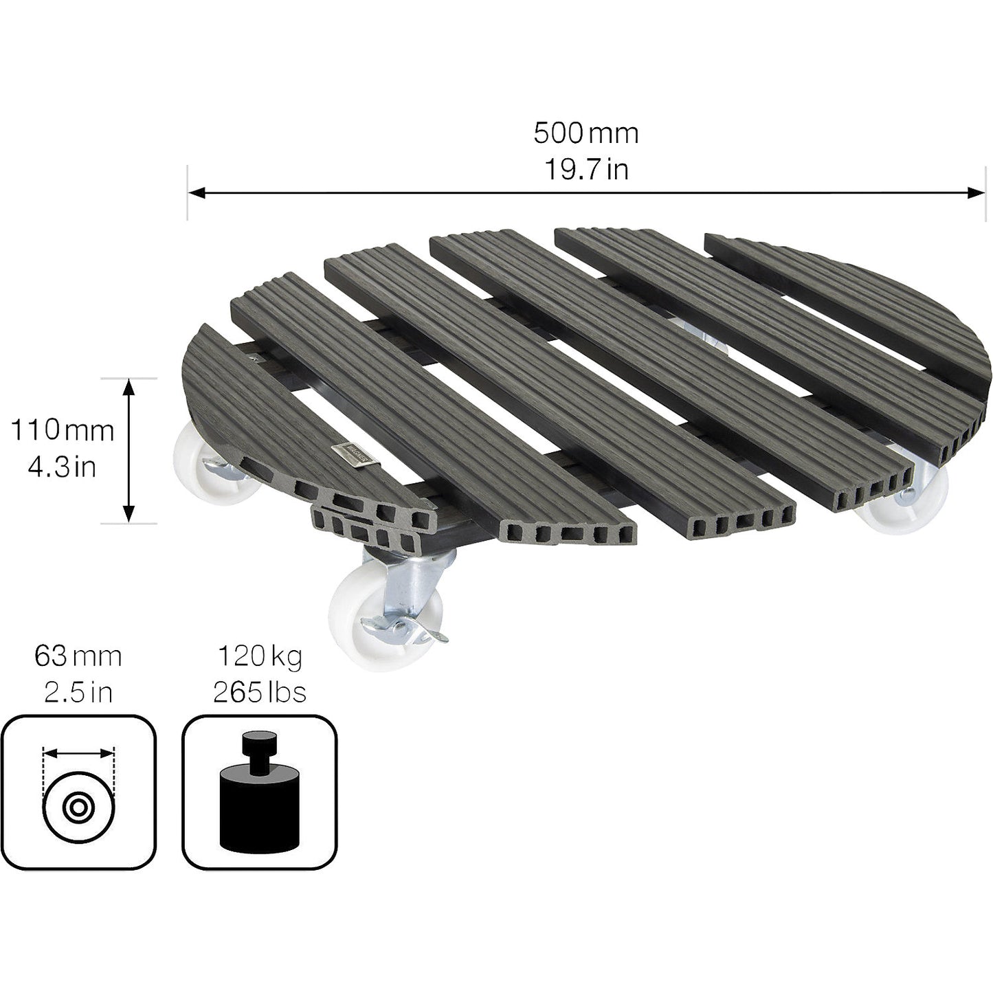 WPC plant dolly, max. load 120 kg, LxW 500 x 500 mm, charcoal.