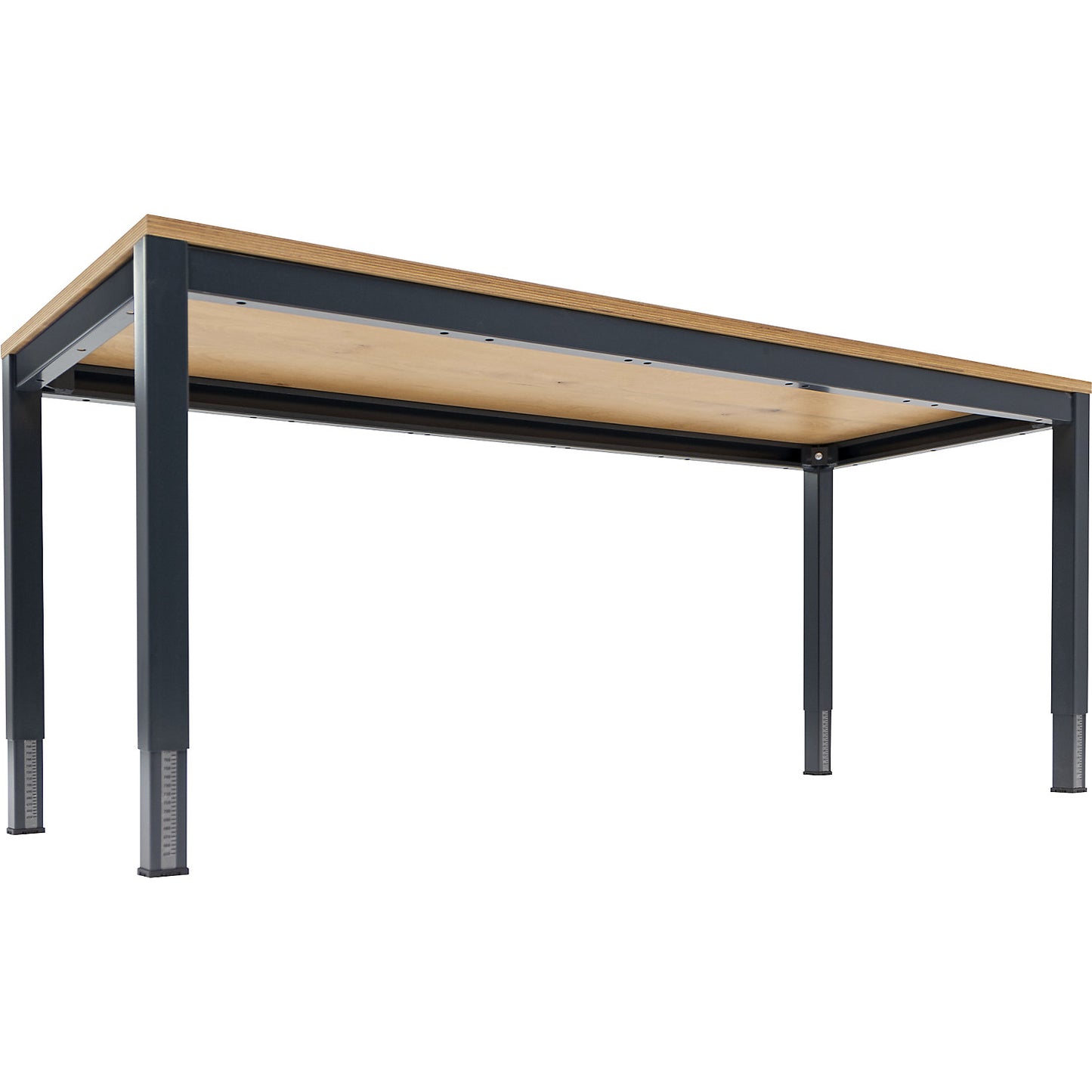 Complete workplace, height adjustable, incl. single drawer, perforated panel, bin rail, shelf, multiplex worktop.