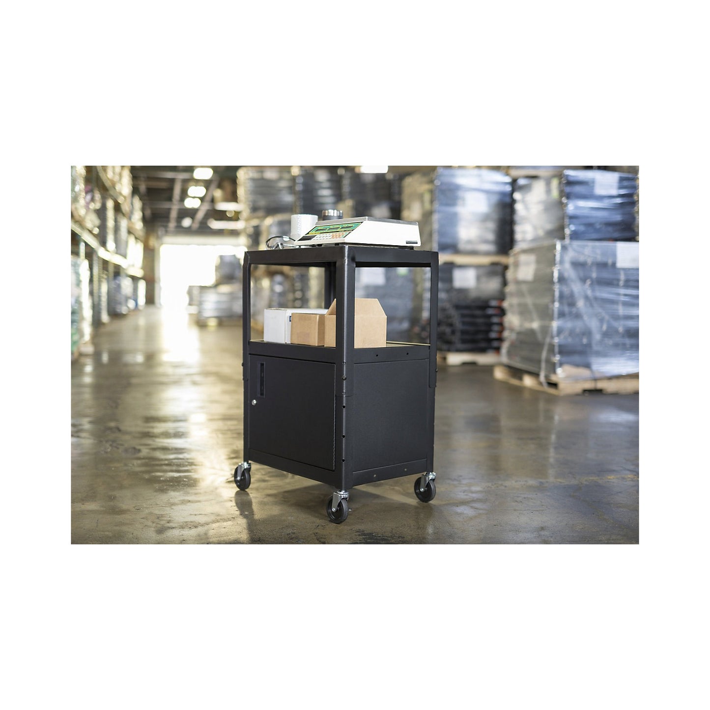 Metal trolley, max. load 135 kg, with base cupboard, black frame.