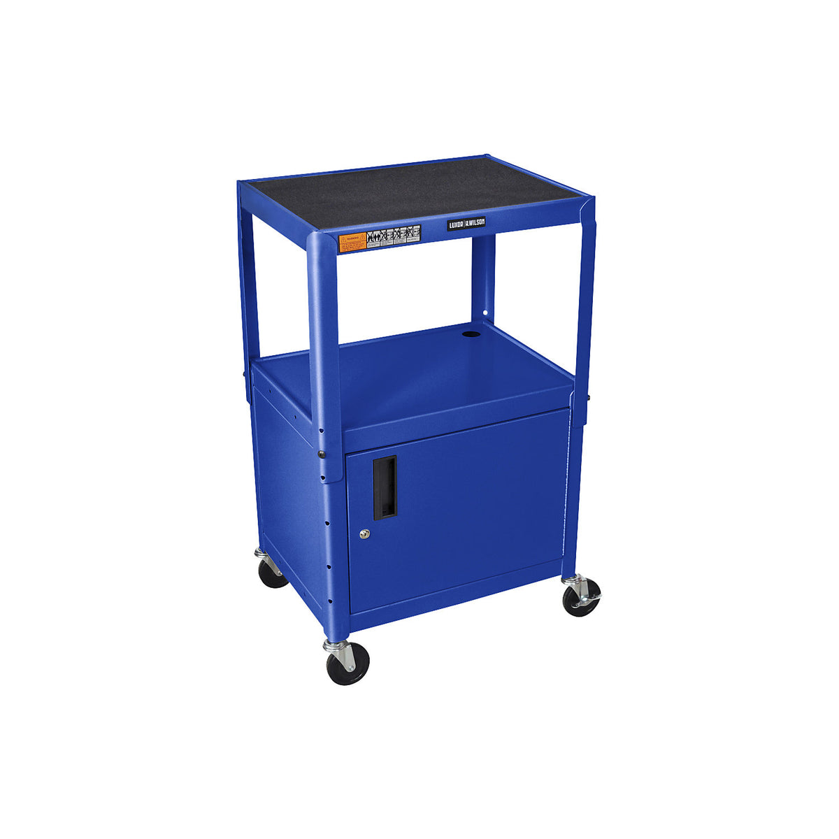 Metal trolley, max. load 135 kg, with base cupboard, blue frame.