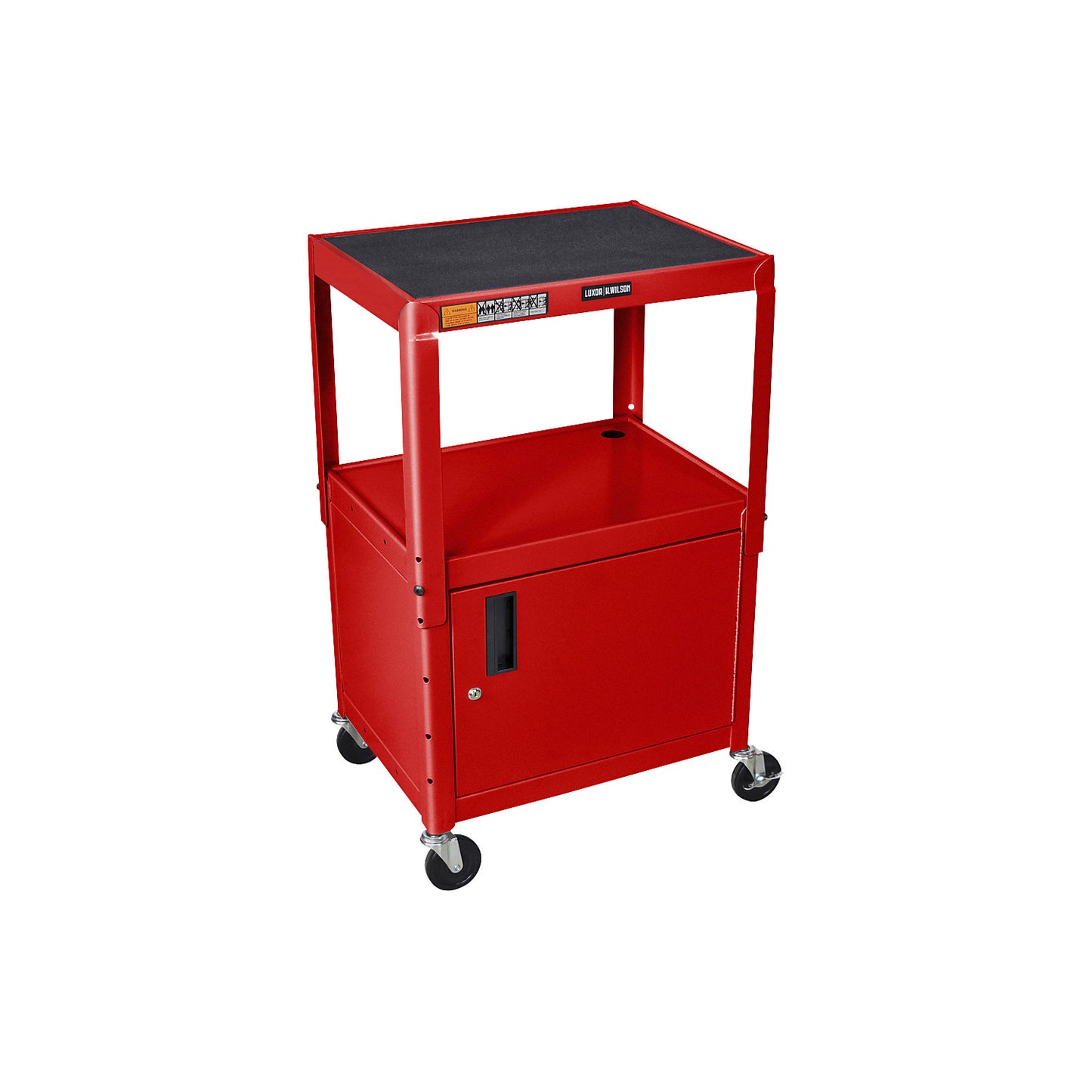 Metal trolley, max. load 135 kg, with base cupboard, red frame.