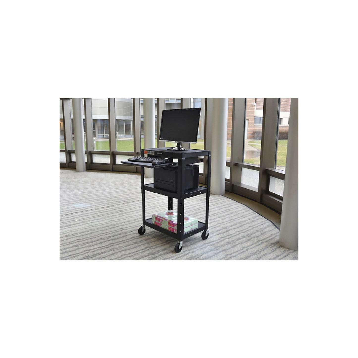 Metal trolley, max. load 135 kg, 3 shelves, with drawer, black frame.