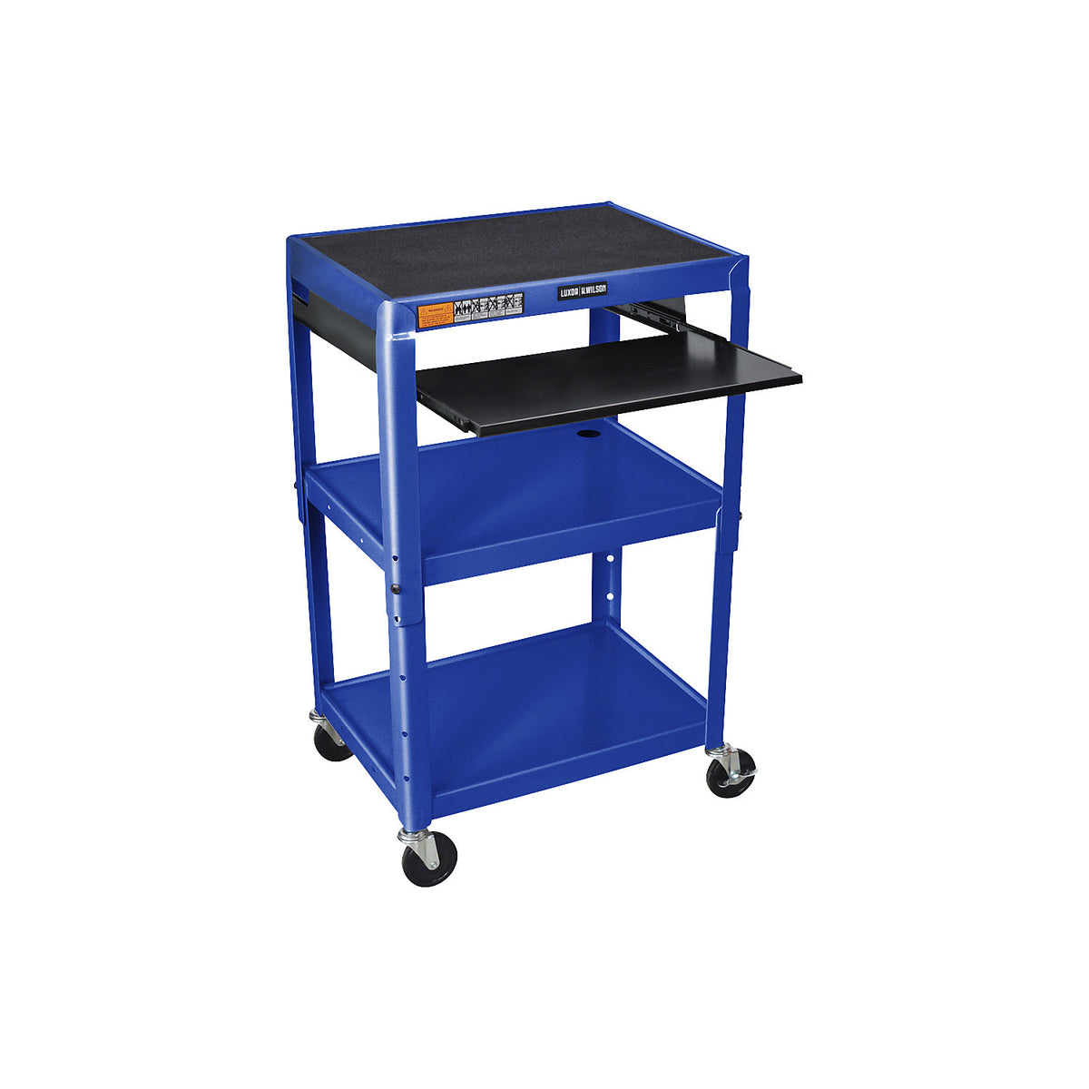 Metal trolley, max. load 135 kg, 3 shelves, with drawer, blue frame.