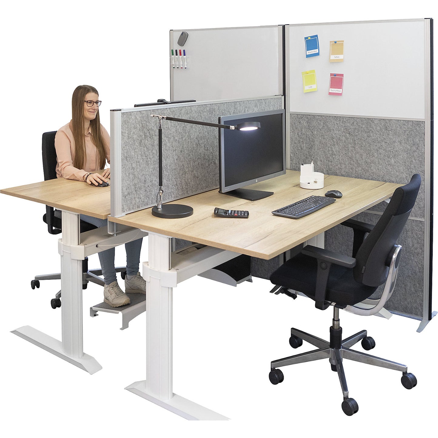 MAULconnecto partitioning system, 2x acoustic, 1x whiteboard, white/dark grey, without castors.