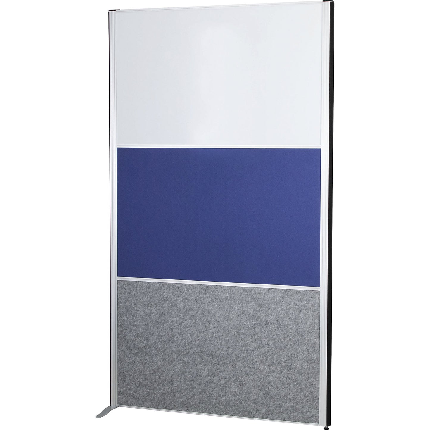 MAULconnecto partitioning system, 1x acoustic, 1x fabric, 1x whiteboard, white/blue/dark grey, without castors.