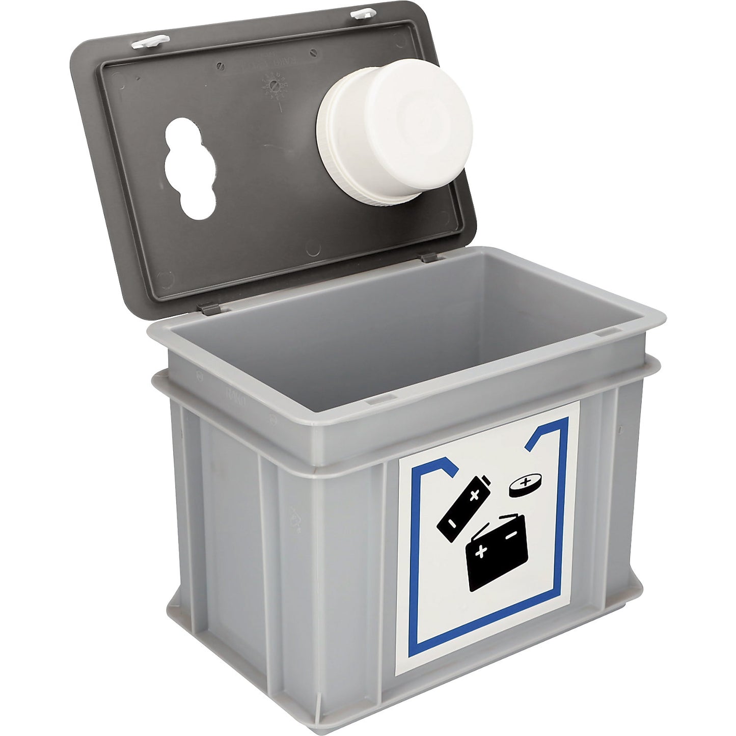 Used battery collection box, with cover and access opening, capacity 20 l, LxWxH 400 x 300 x 235 mm.