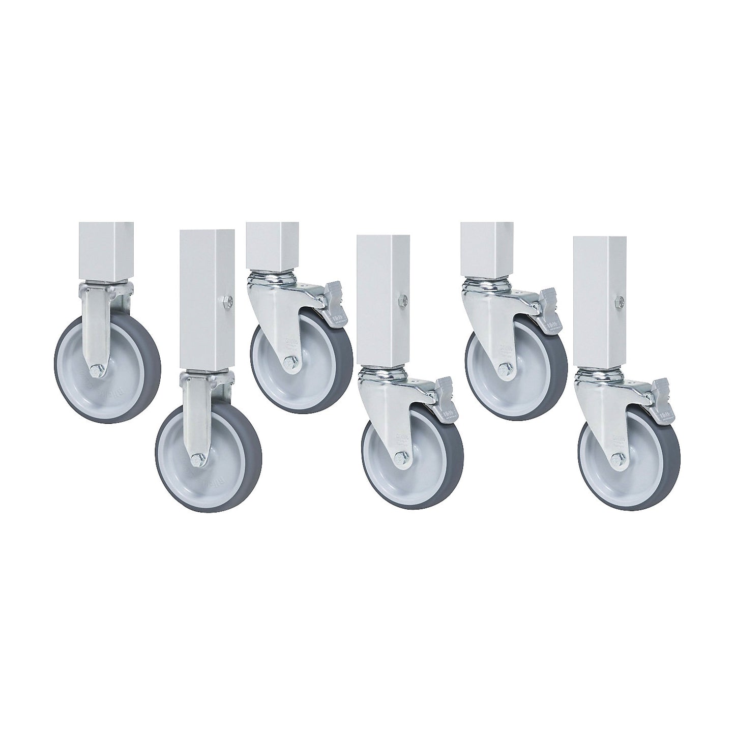 Castor set with expander, max. load 450 kg, 2 fixed castors, 4 swivel castors with wheel stops.