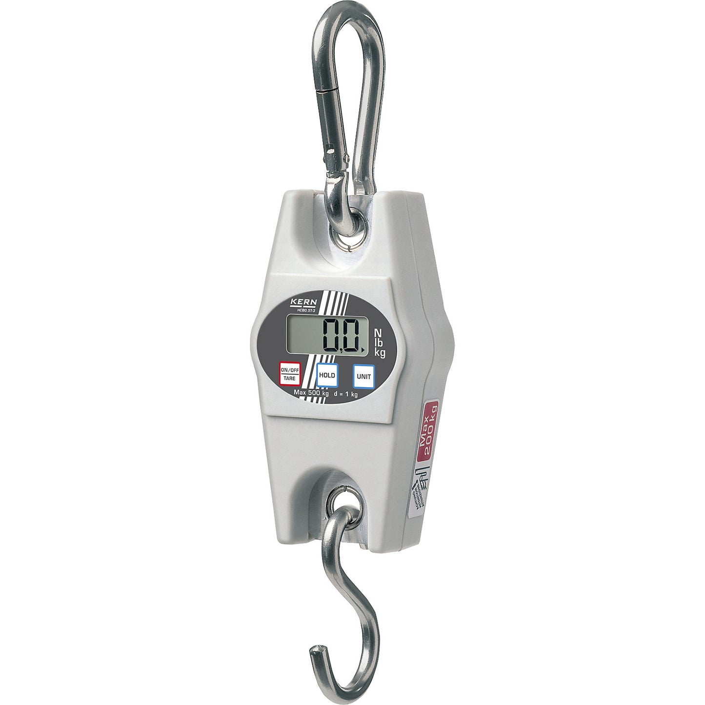 KERN HCB suspension scales, HxW 153 x 43 mm, max. weighing range 200 kg, scale division 100 g.