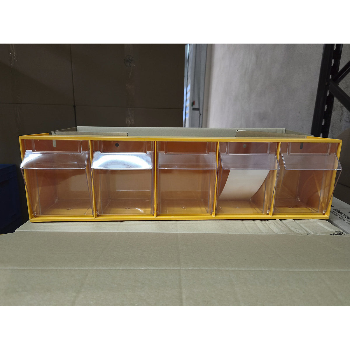 Visual storage container system, pastel yellow, polystyrene, HxWxD 164 x 600 x 133 mm, 5 containers.