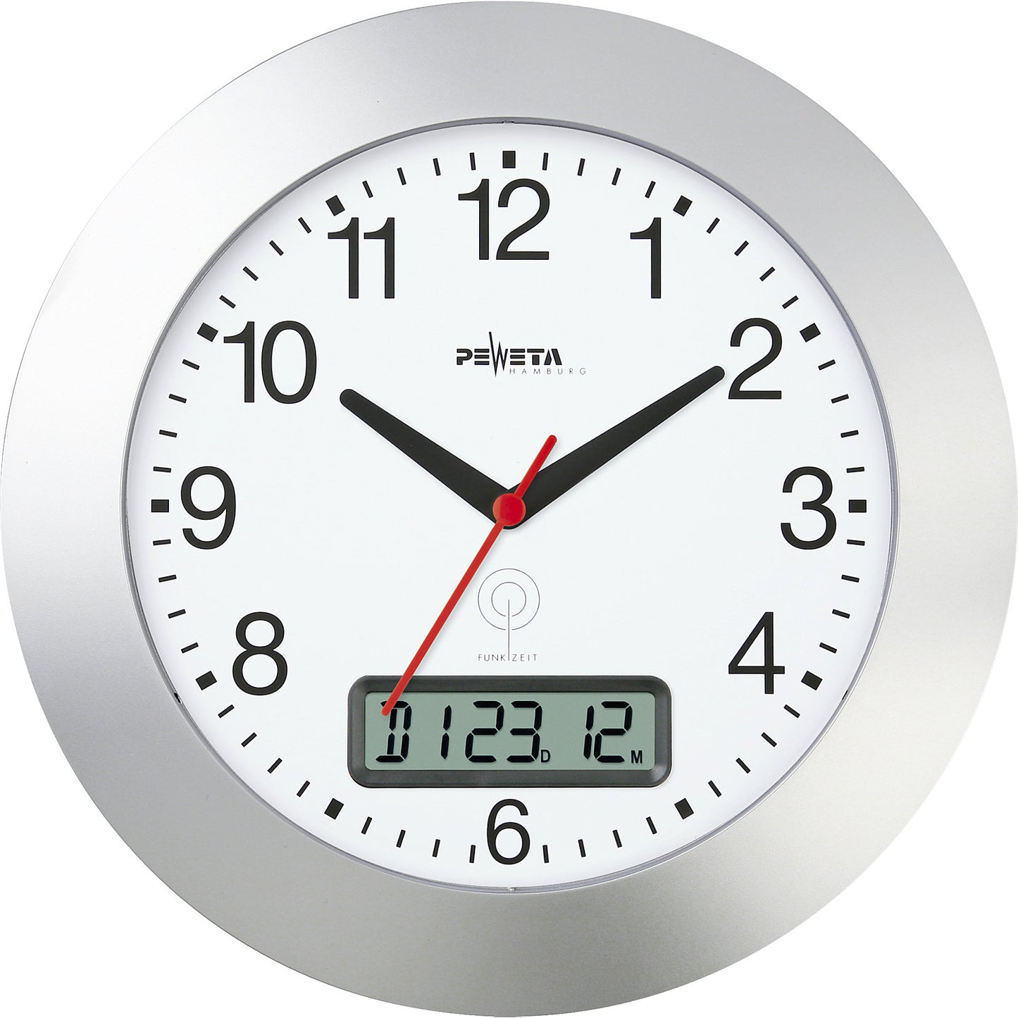 Radio-controlled wall clock with digital date display, plastic, matt silver, 300 mm.