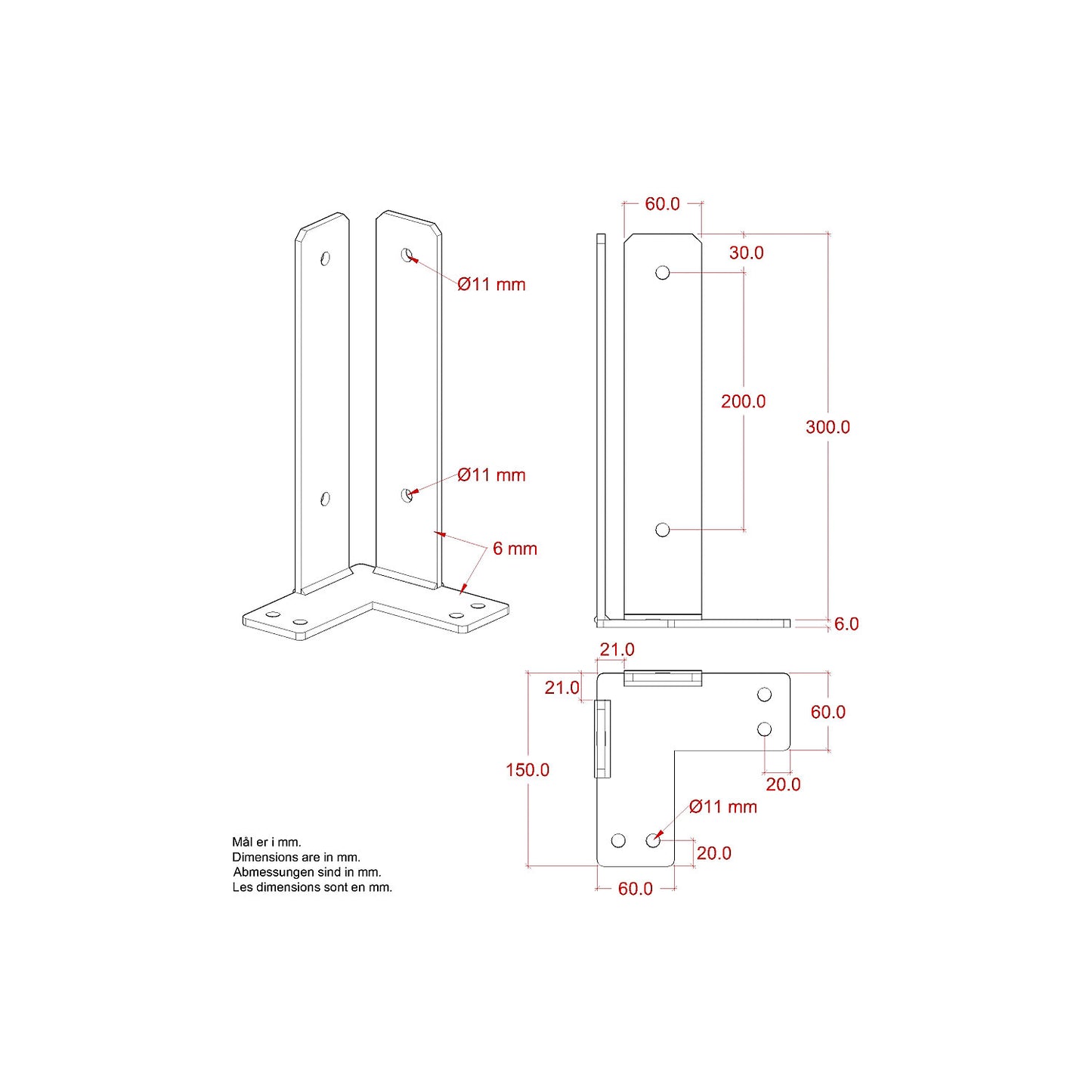 Corner post base, HxWxD 300 x 150 x 150 mm, black.