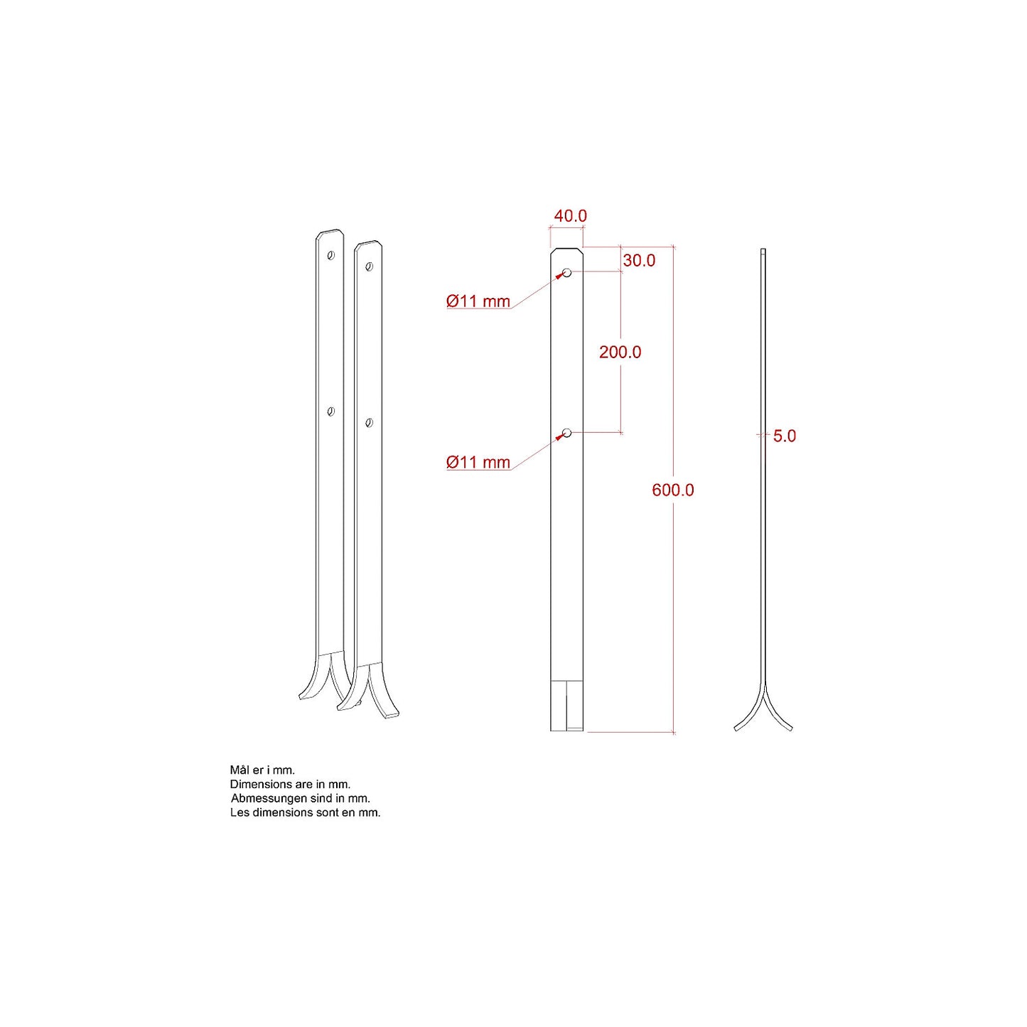 Universal post base, HxWxD 600 x 40 x 5 mm, silver.