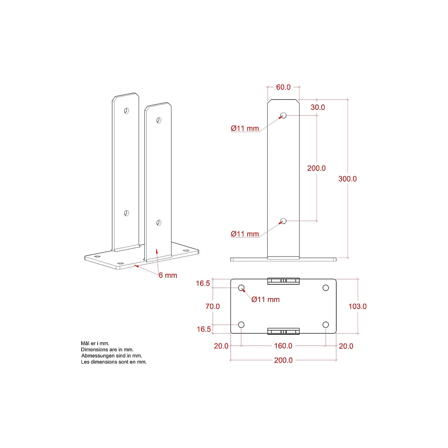 U-post base, HxWxD 300 x 103 x 200 mm, silver.