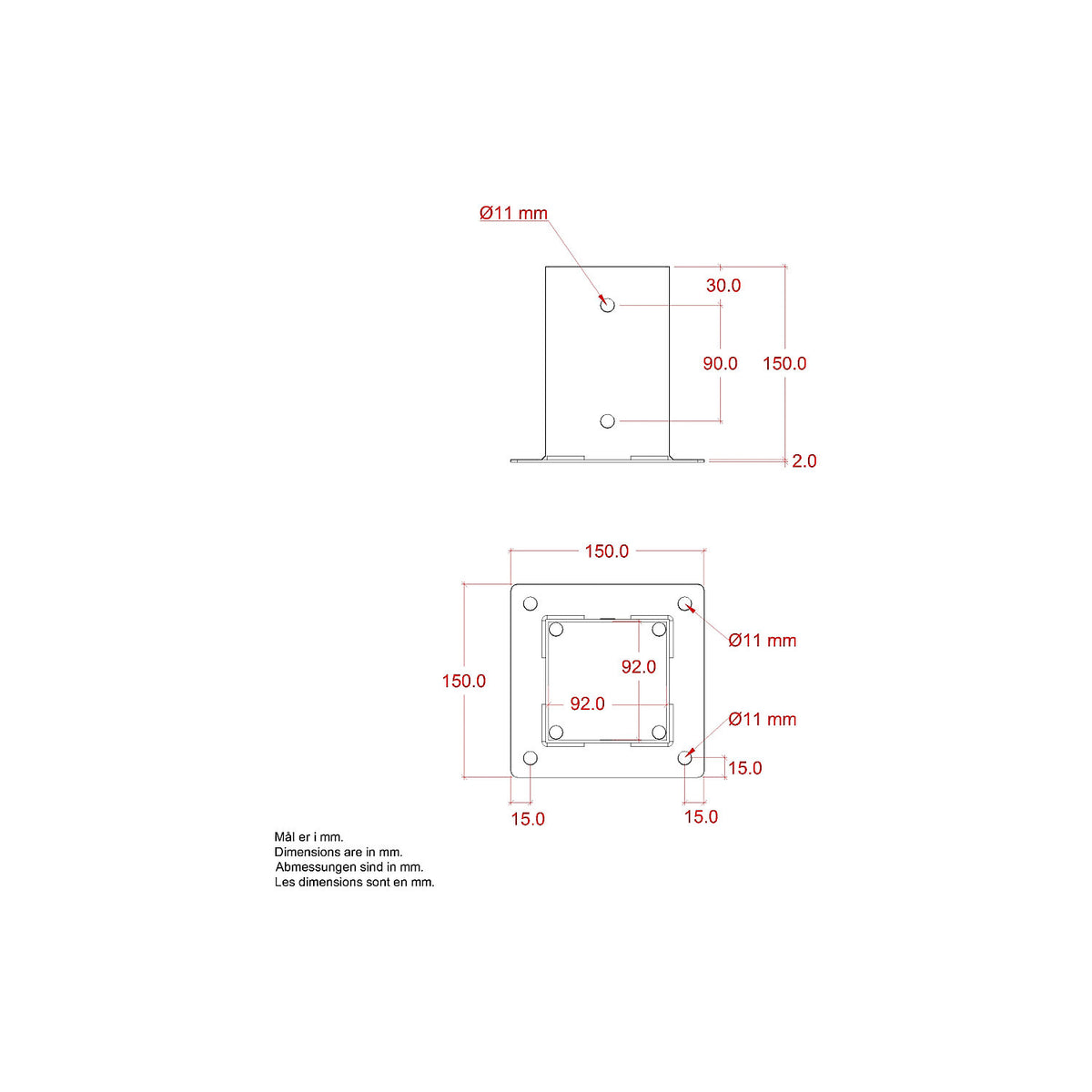 Cubic post base, HxWxD 150 x 150 x 150 mm, silver.