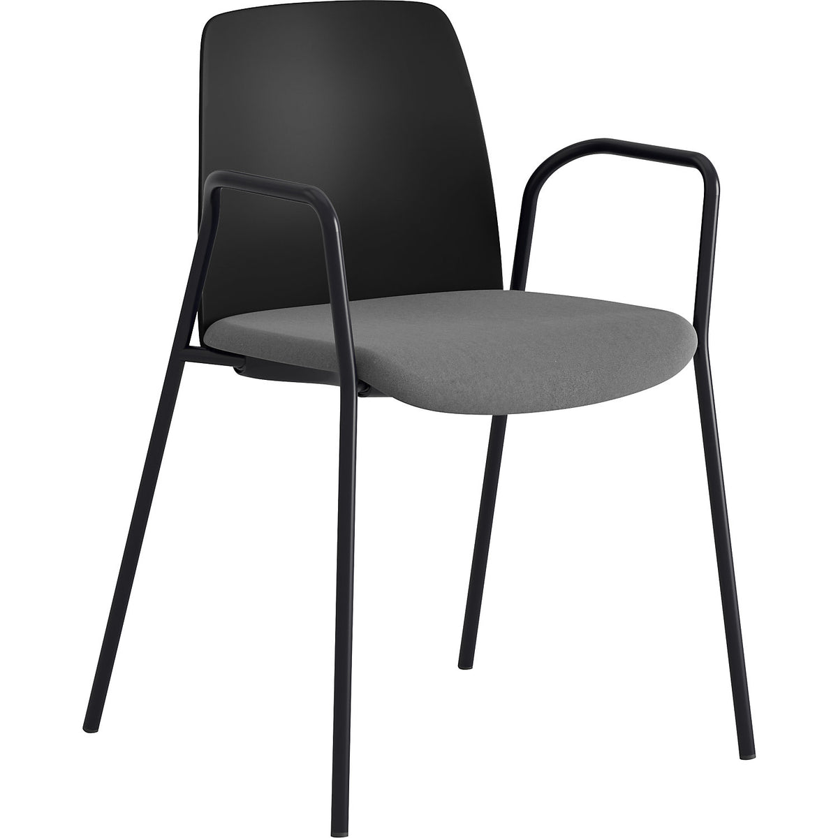 Chair Helmer, upholstered seat, plastic backrest, pack of 4, seat black/dark grey, frame black, with arm rests.