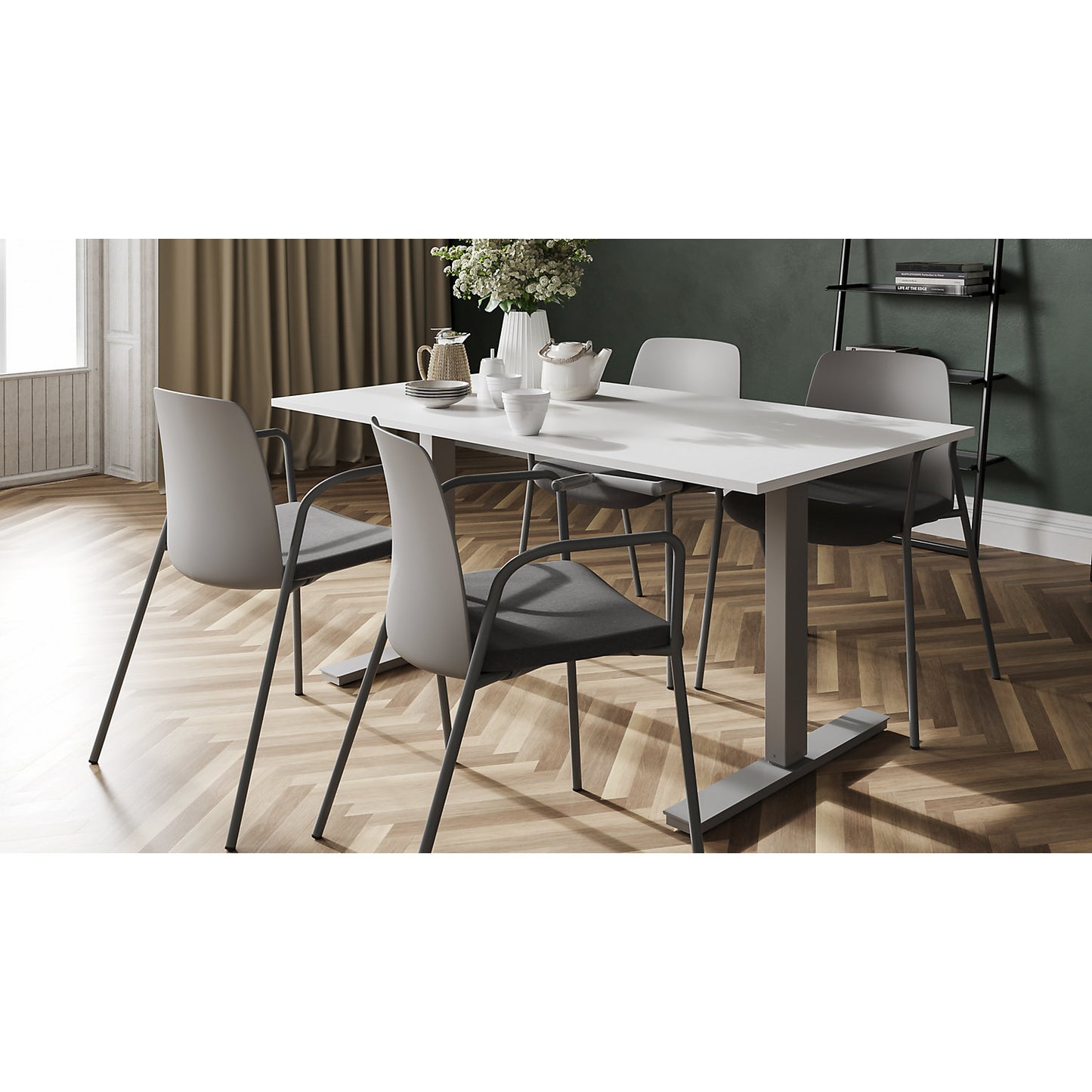 Chair Helmer, upholstered seat, plastic backrest, pack of 4, seat dark grey, frame silver, with arm rests.