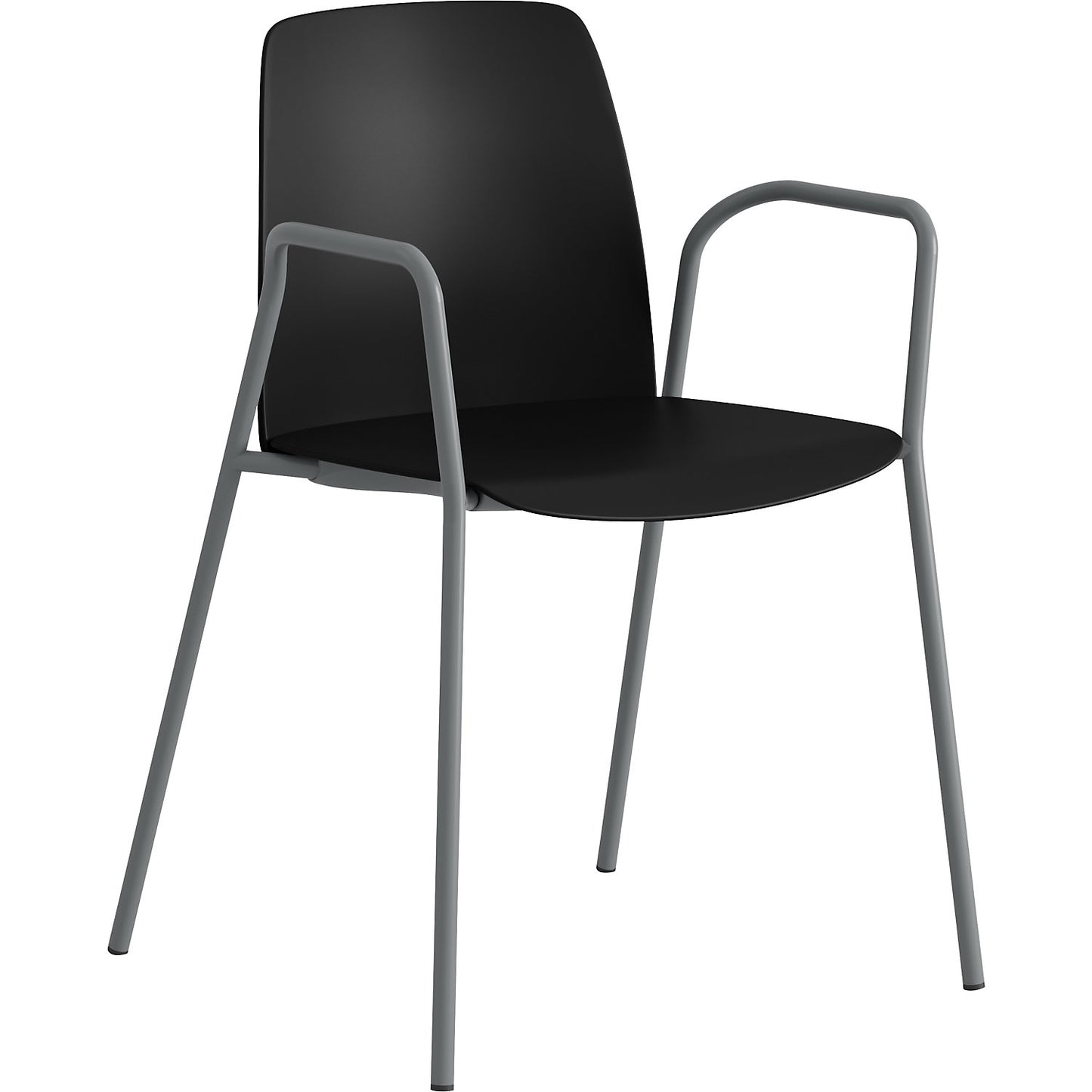Chair Helmer, seat/backrest made of plastic, pack of 4, seat black, frame silver, with arm rests.
