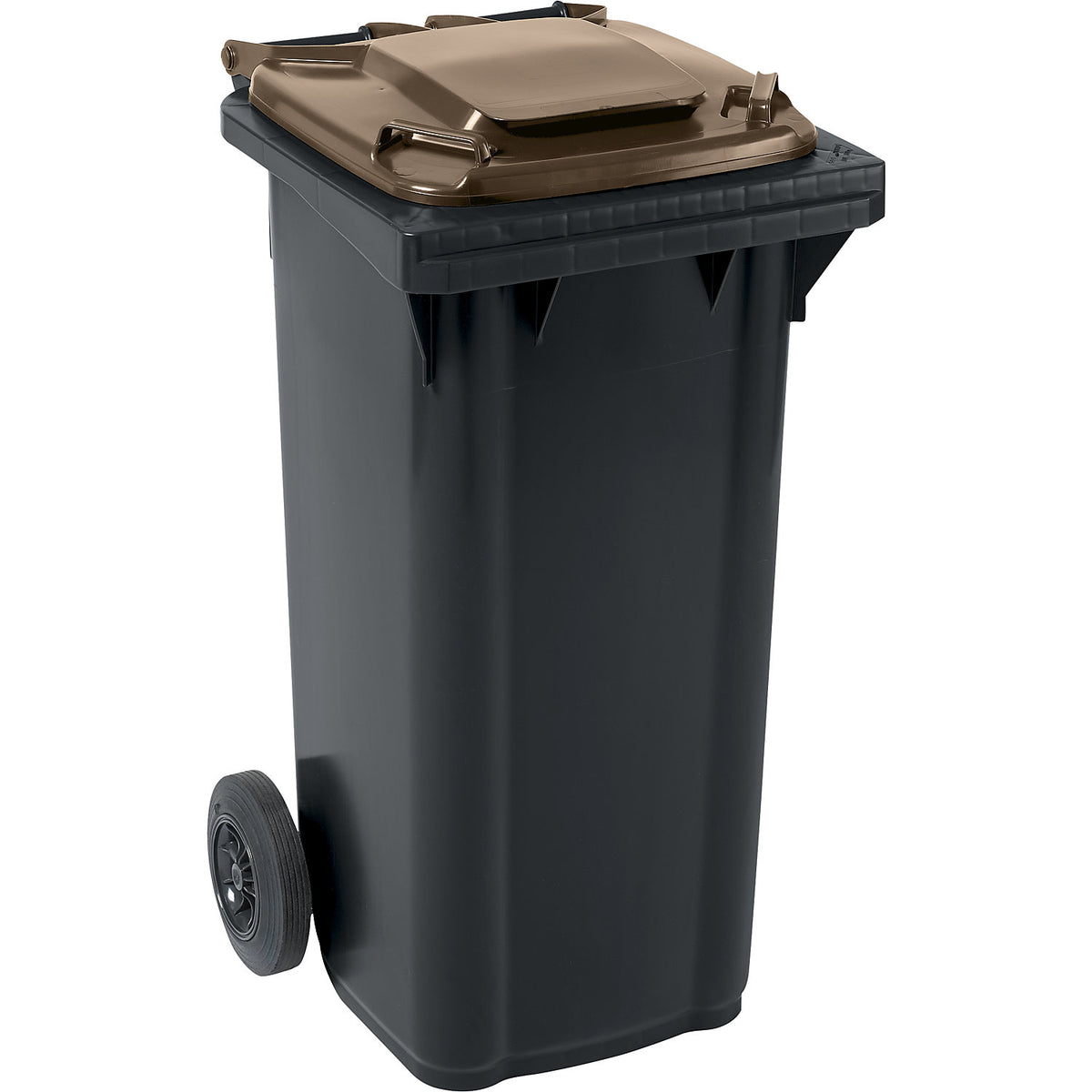 Plastic waste bin DIN EN 840, capacity 120 l, WxHxD 491 x 934 x 555 mm, charcoal/brown.