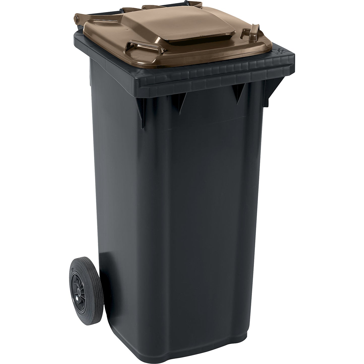 Plastic waste bin DIN EN 840, capacity 120 l, WxHxD 491 x 934 x 555 mm, charcoal/brown.
