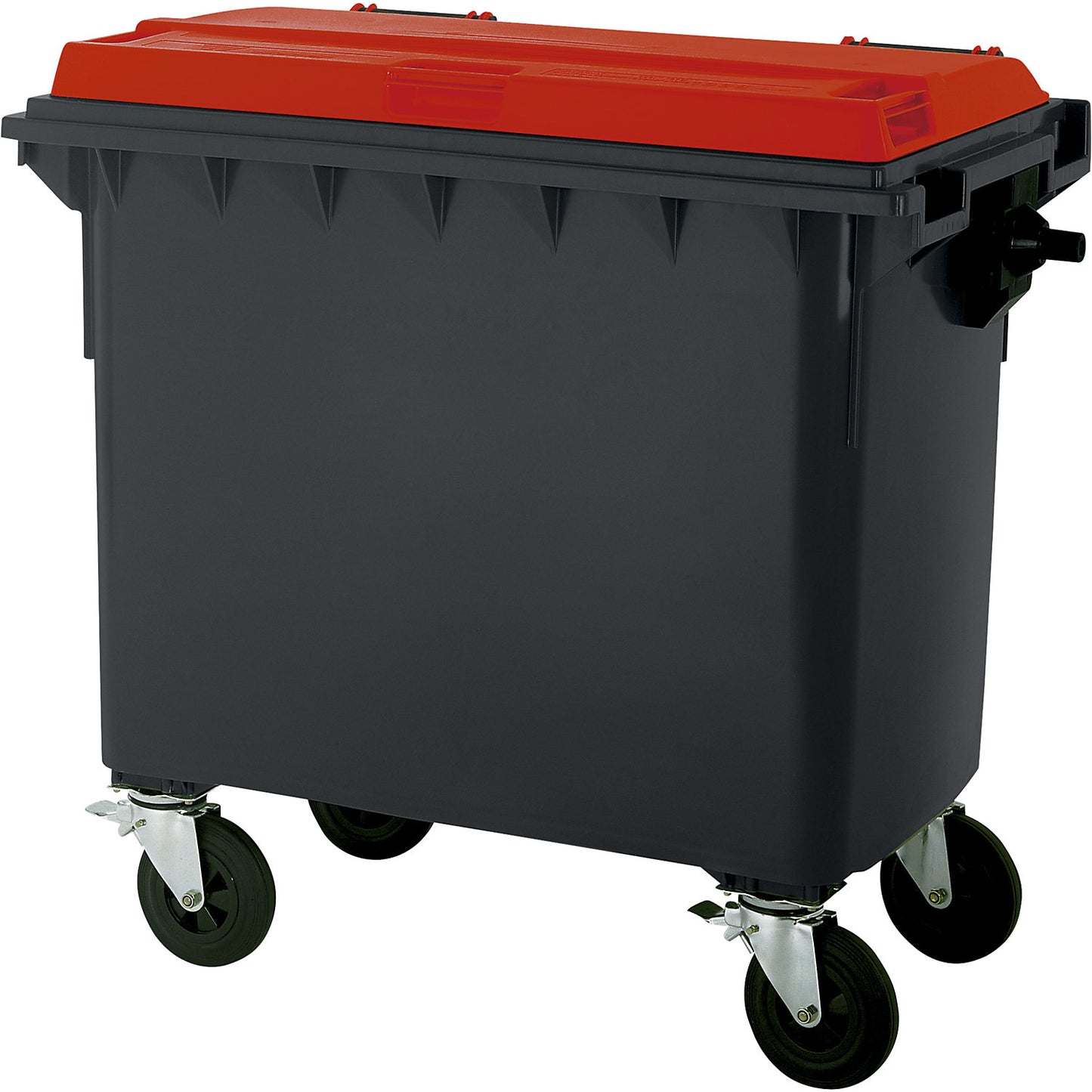Plastic waste container, DIN EN 840, capacity 660 l, WxHxD 1360 x 1235 x 765 mm, anthracite/red.