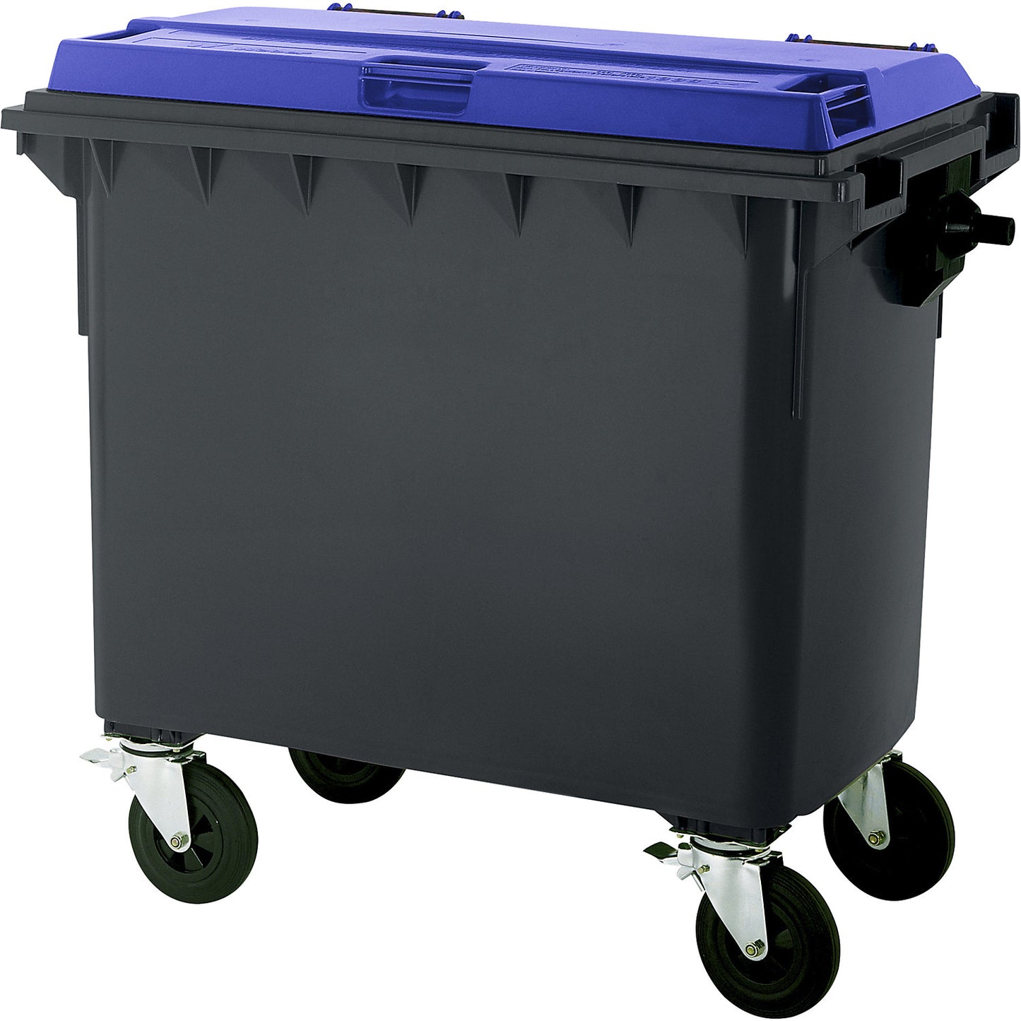 Plastic waste container, DIN EN 840, capacity 660 l, WxHxD 1360 x 1235 x 765 mm, anthracite/blue.