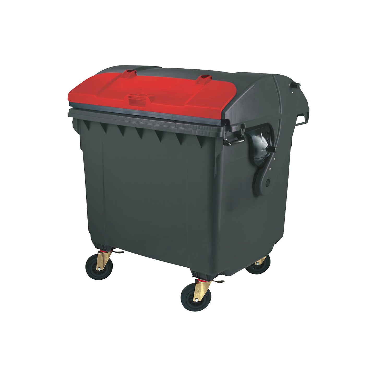 Plastic waste container, DIN EN 840, capacity 1100 L, with round lid, anthracite/red.